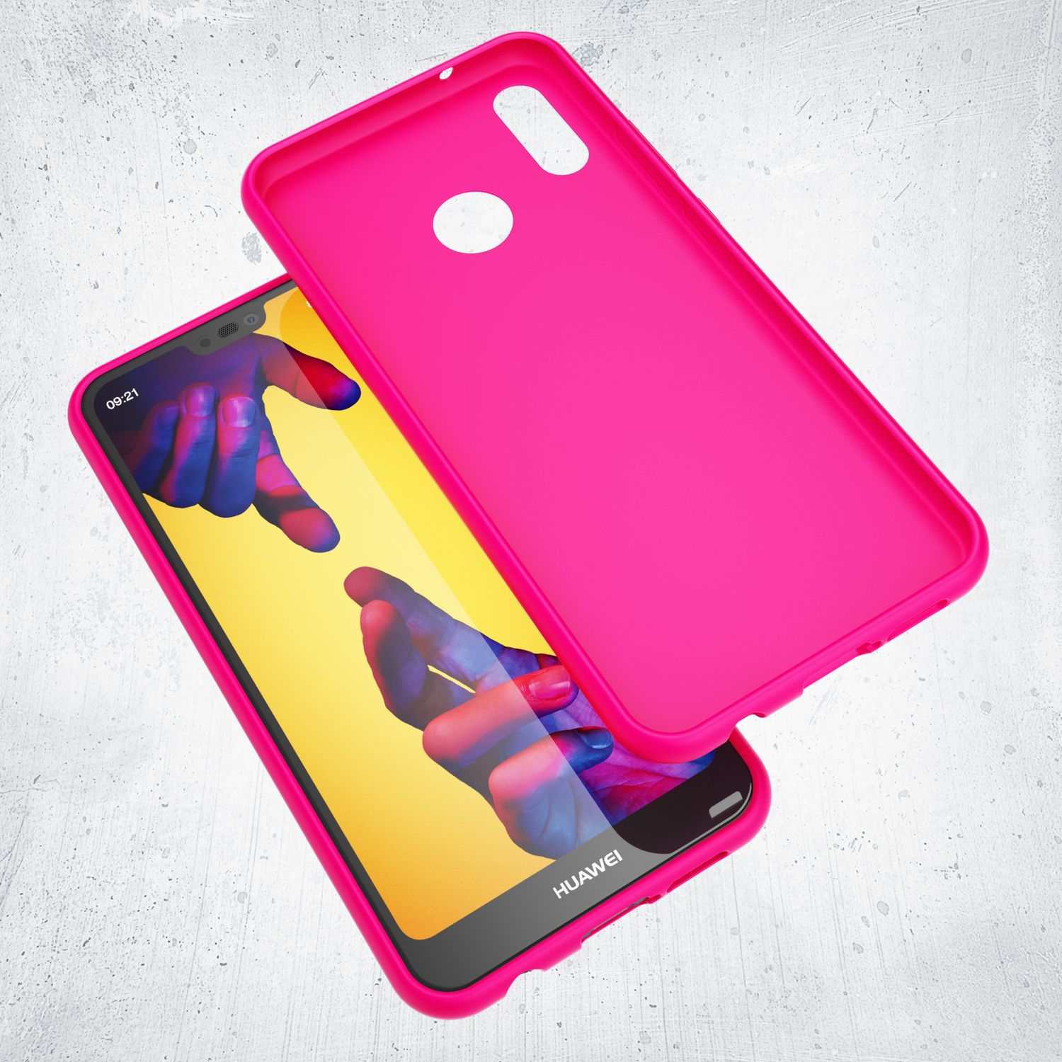 Ein pinkes Handycover liegt neben einem Smartphone mit einem bunten Hintergrund.