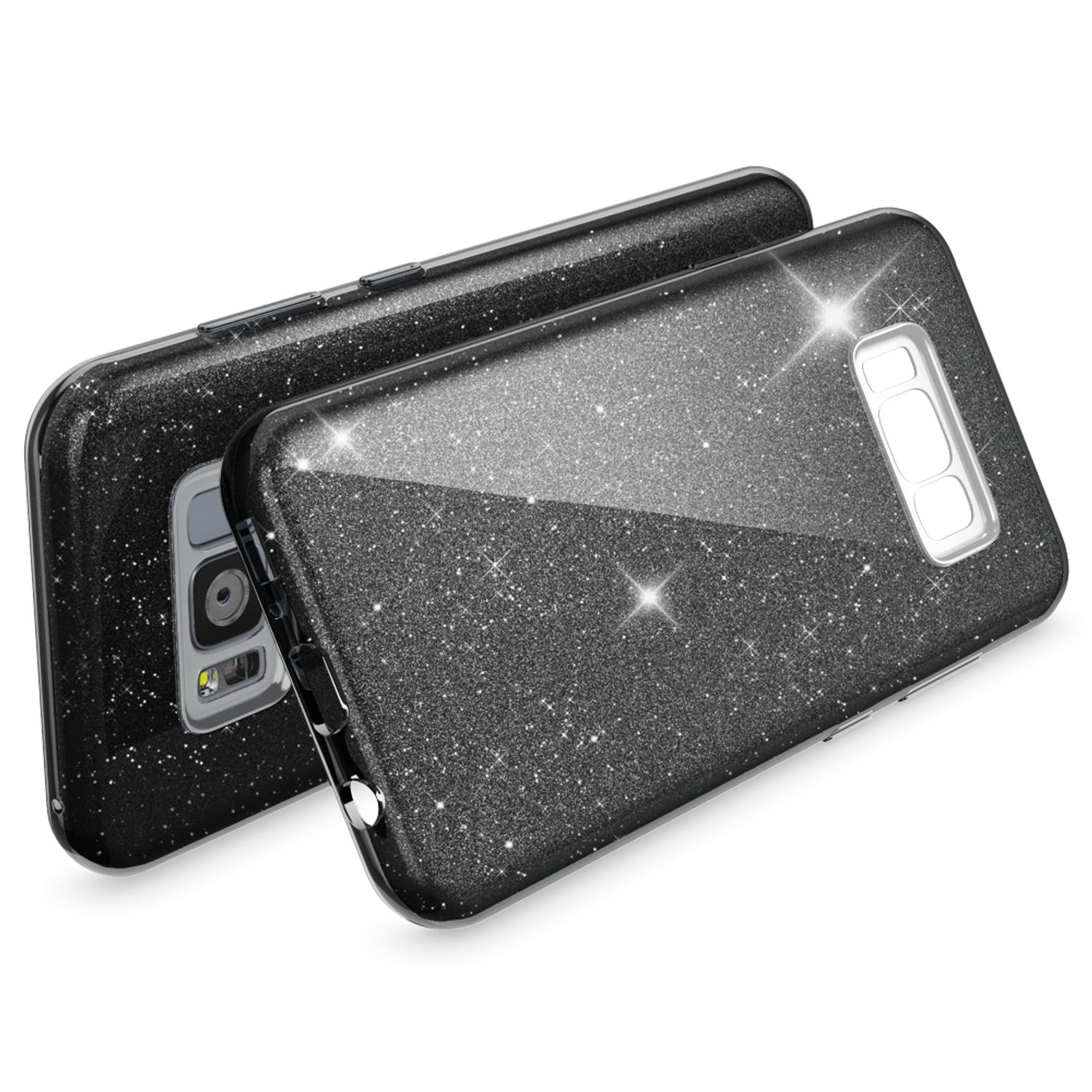 Zwei glitzernde schwarze Handyhüllen mit Kameraaussparung auf weißem Hintergrund.