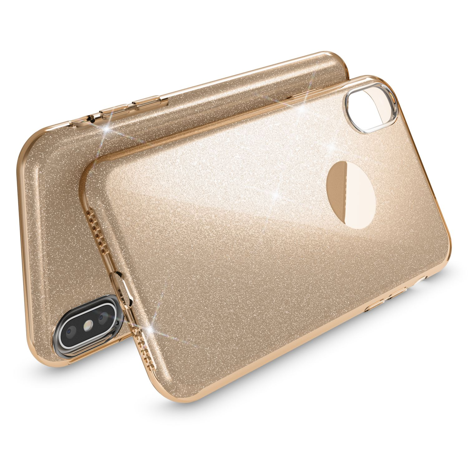 Zwei glitzernde goldene Handyhüllen auf weißem Hintergrund.