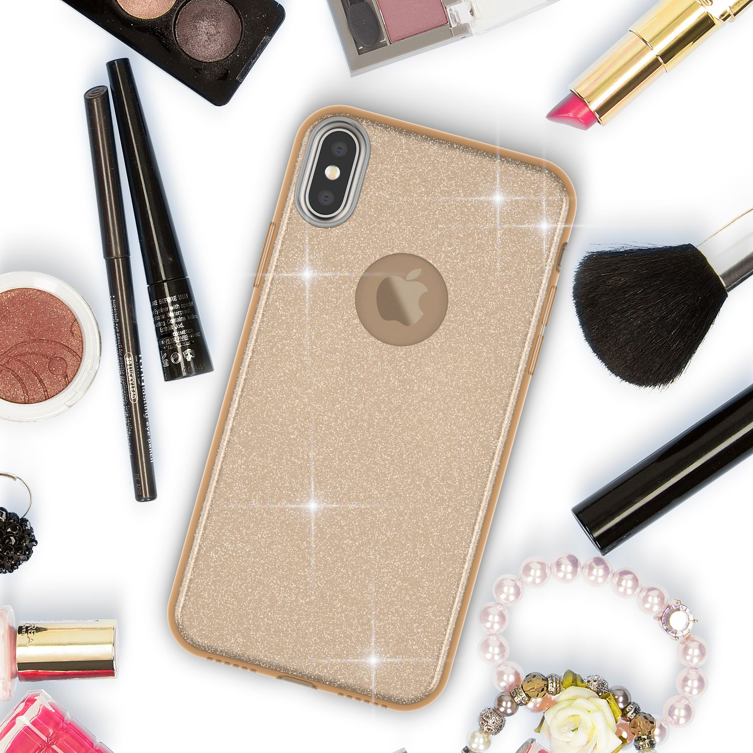 Goldener glitzernder Handyhülle mit Make-up-Artikeln.