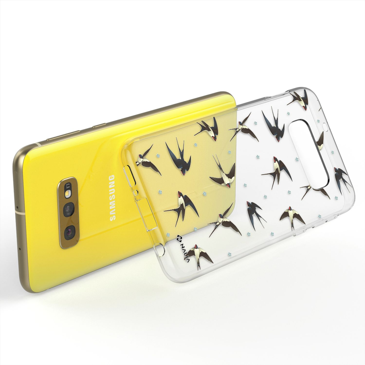 Gelbes Samsung-Smartphone mit durchsichtiger Hülle mit Schwalbenmuster.