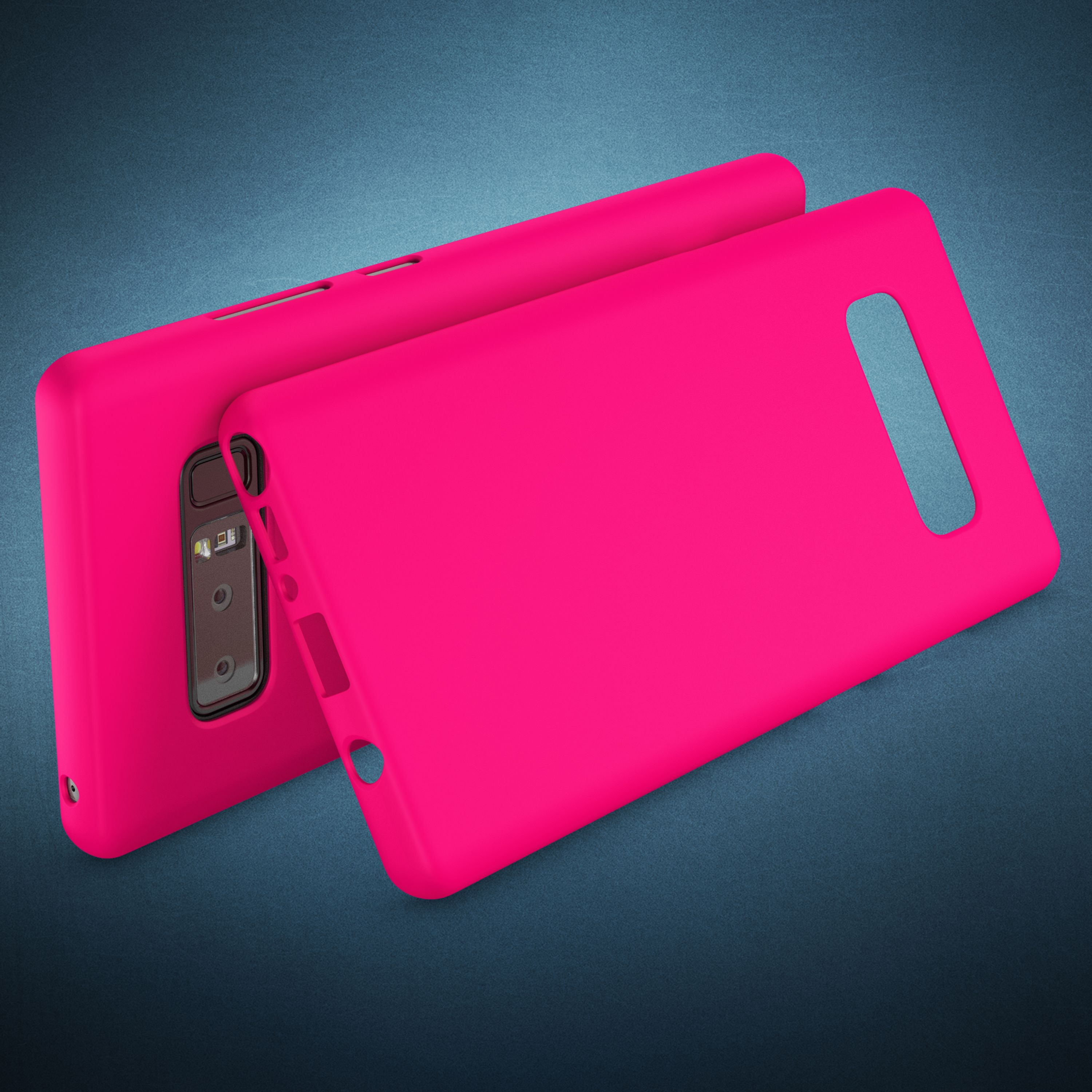 Zwei leuchtend pinke Handyhüllen liegen nebeneinander auf einem blauen Hintergrund.