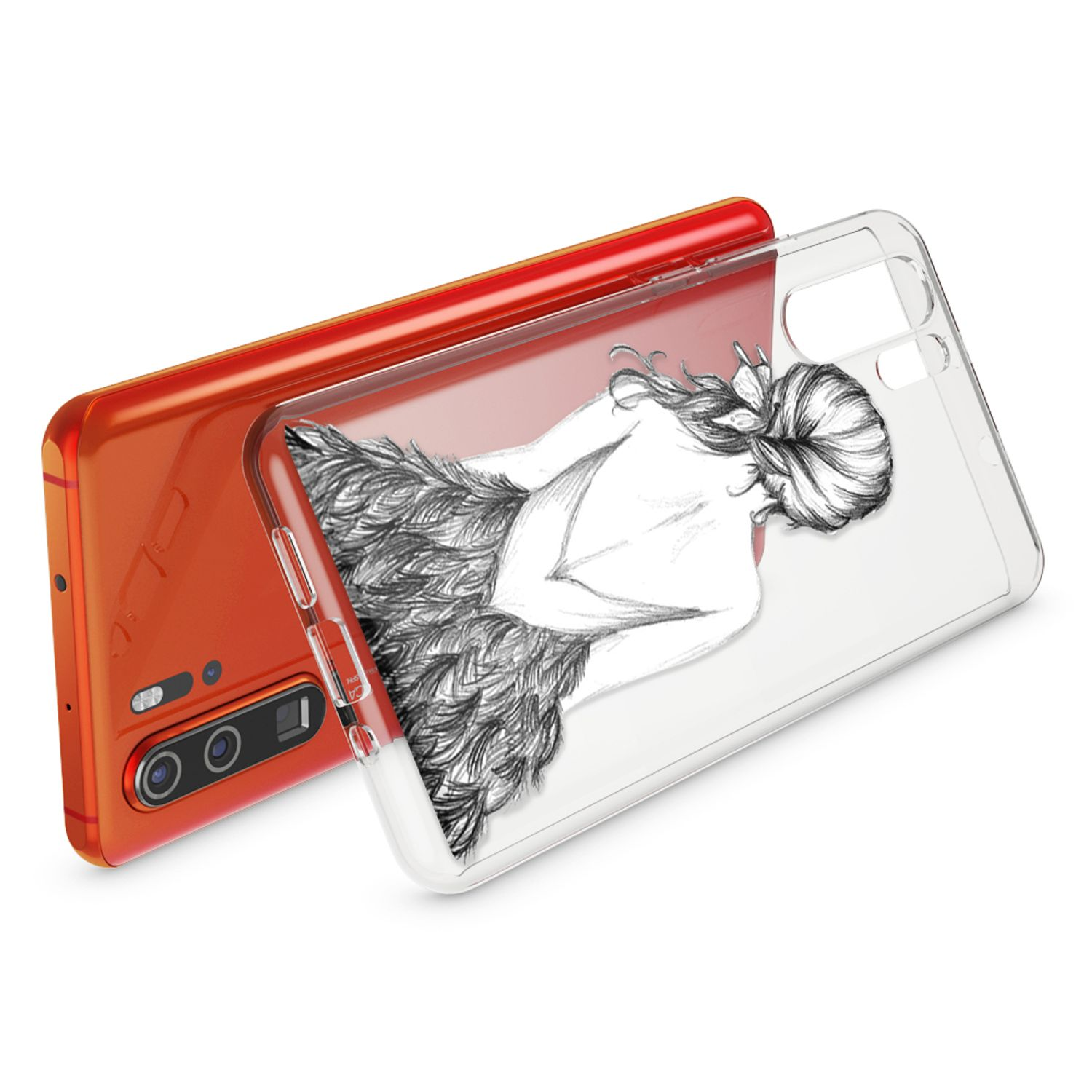 Uno smartphone arancione con una custodia trasparente che mostra il disegno di una donna.