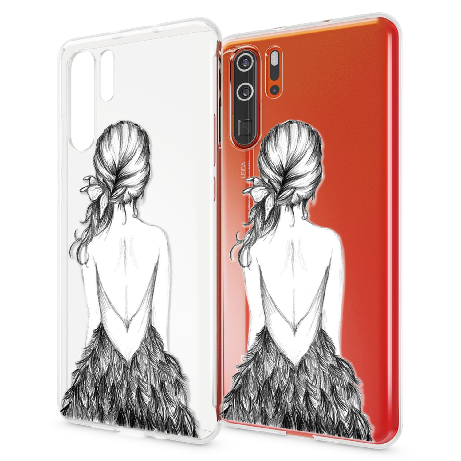 Vista posteriore donna con abito di piume su cover trasparente e rossa.