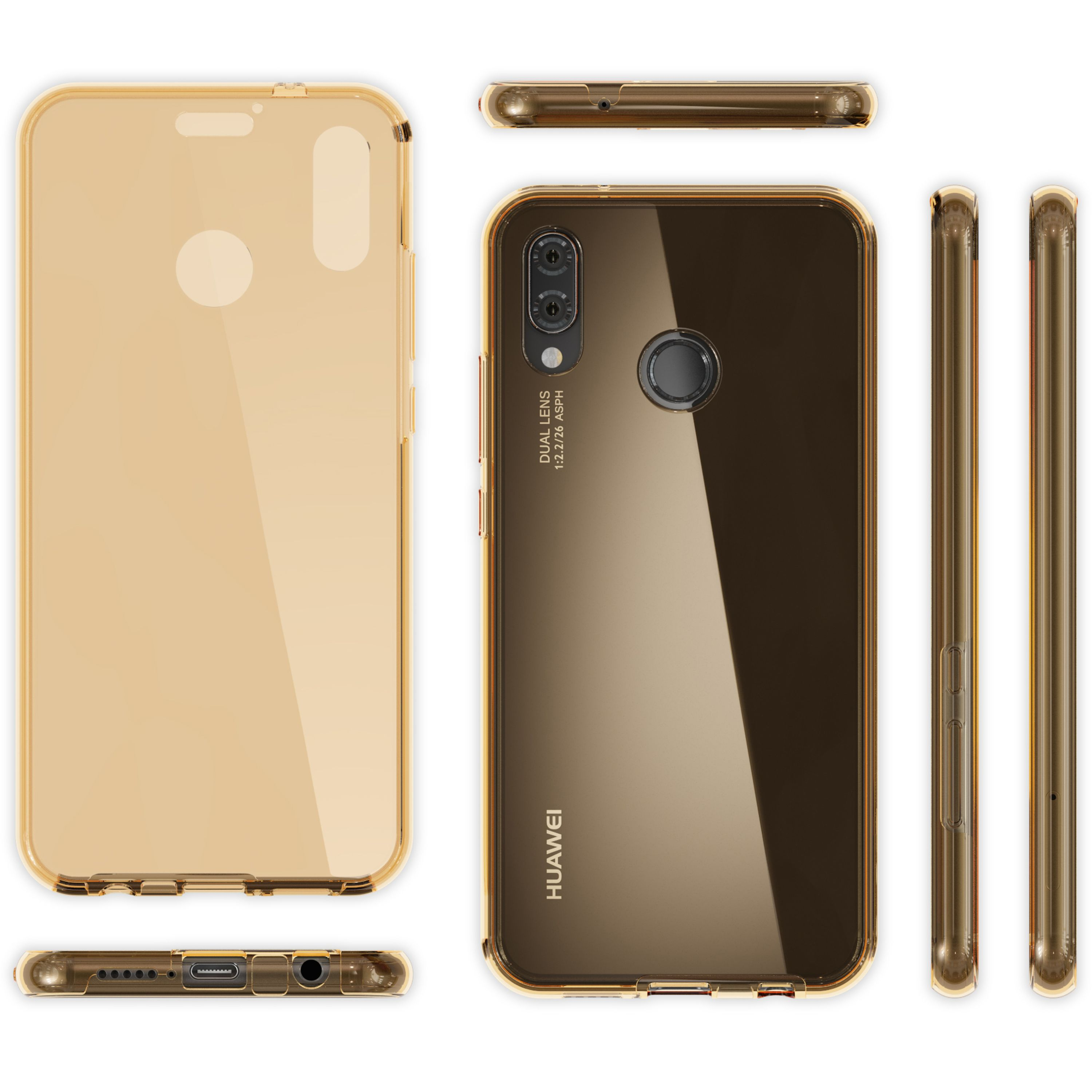 Custodia trasparente per telefono con bordo dorato, mostra fotocamere e porte.
