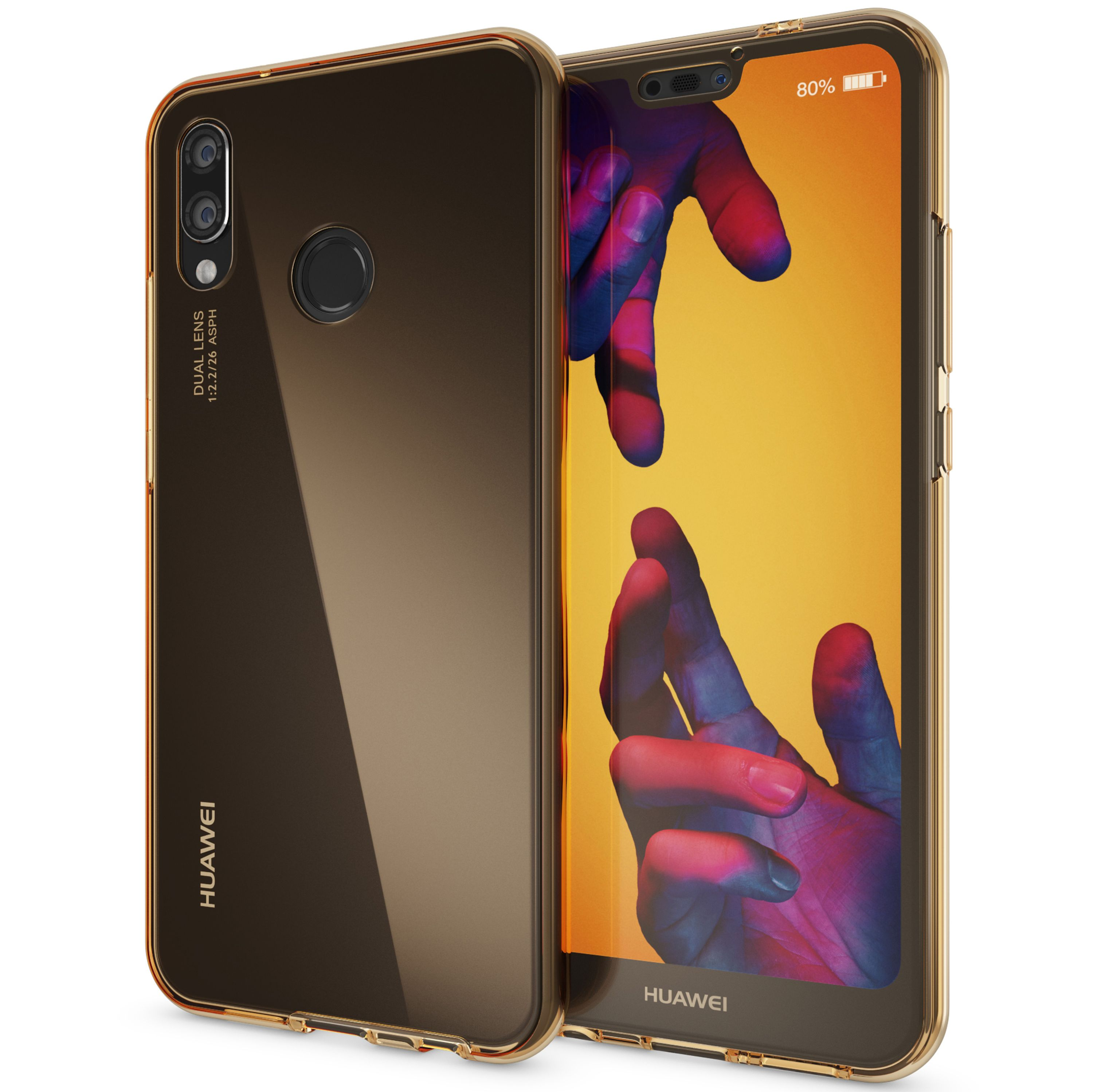 Un telefono marrone trasparente con bordo dorato e doppia fotocamera.