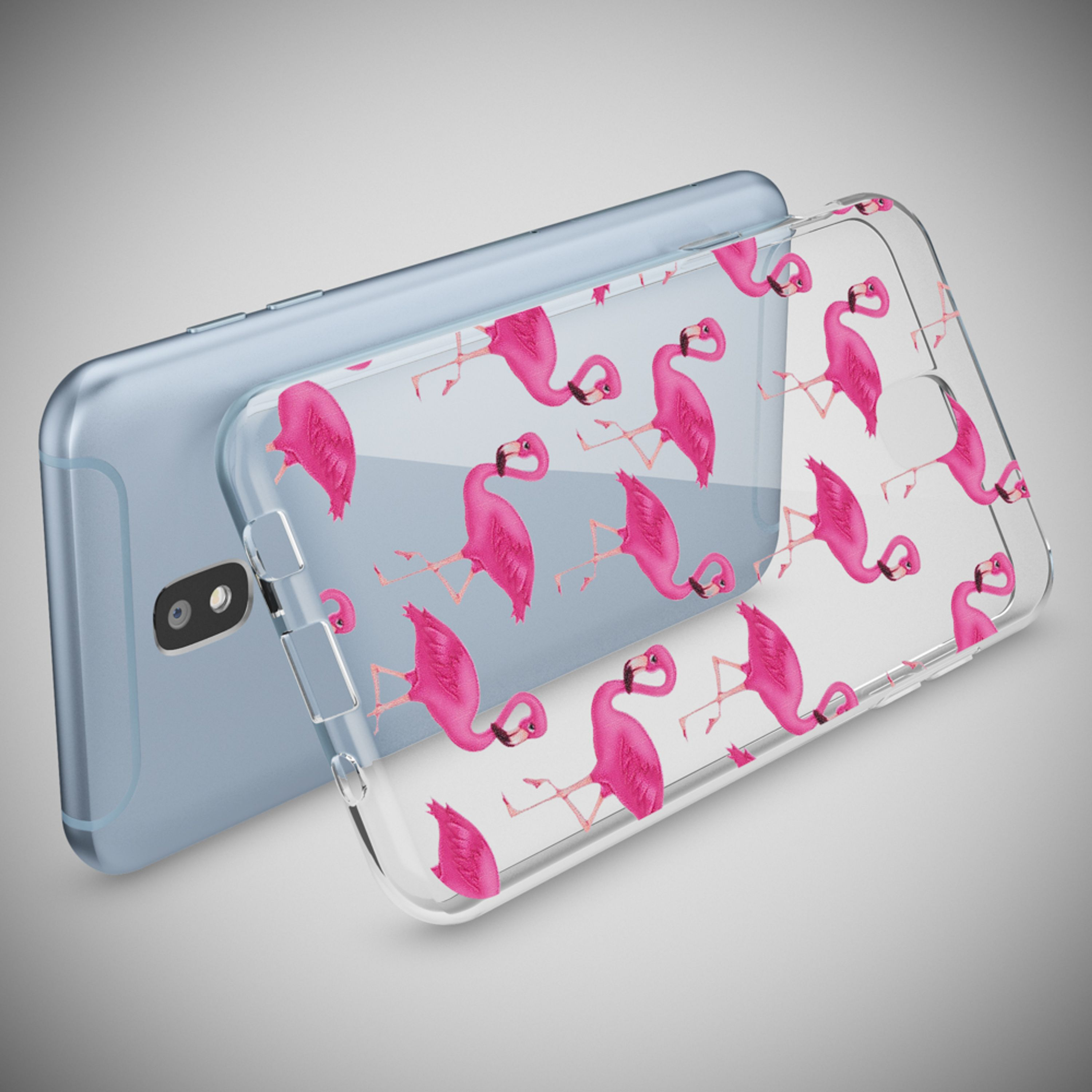 Eine transparente Handyhülle mit pinken Flamingos auf einem blauen Handy.