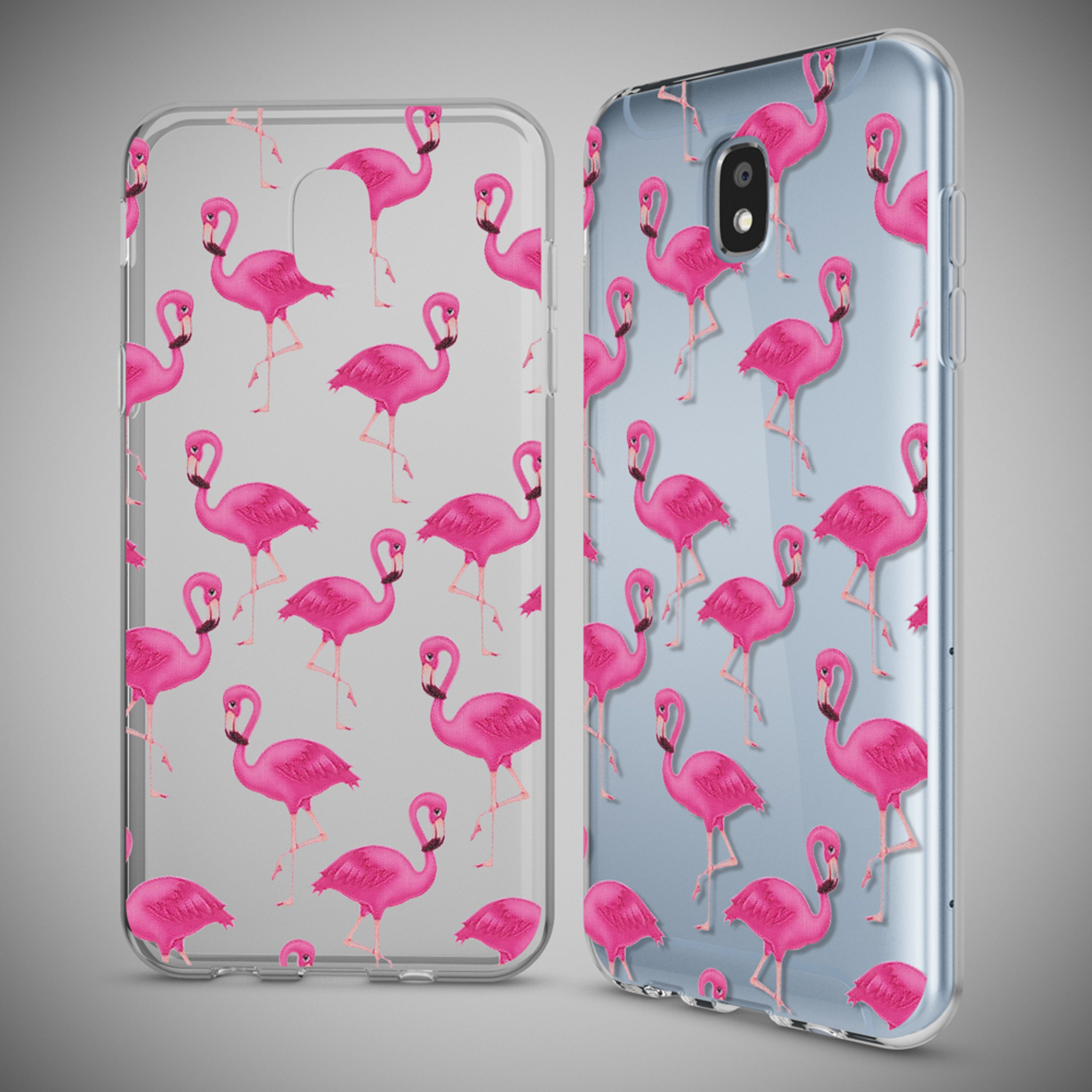 Zwei durchsichtige Handyhüllen mit pinken Flamingos auf grauem und blauem Hintergrund.
