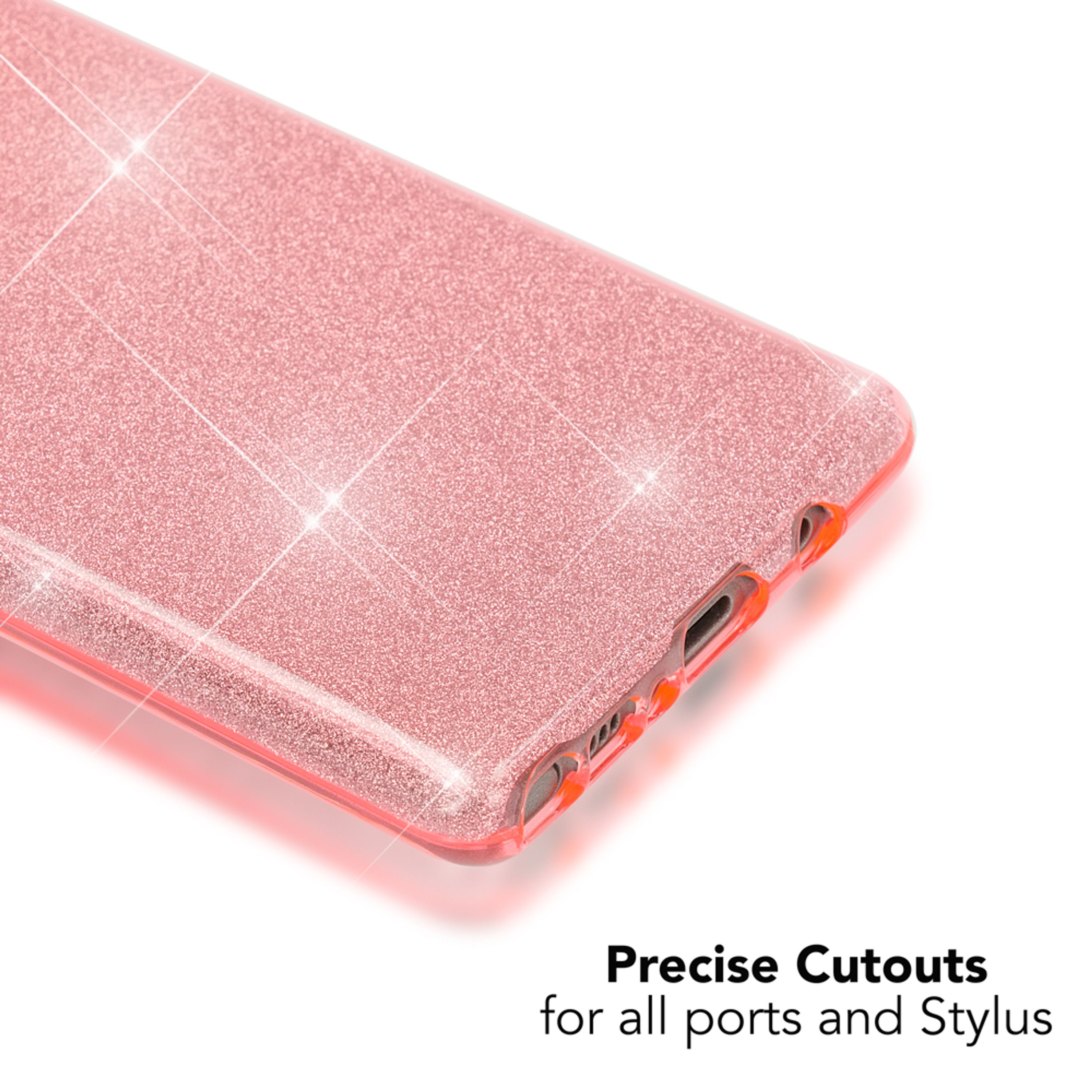 Glitzernde rosa Handyhülle mit präzisen Aussparungen für Anschlüsse.