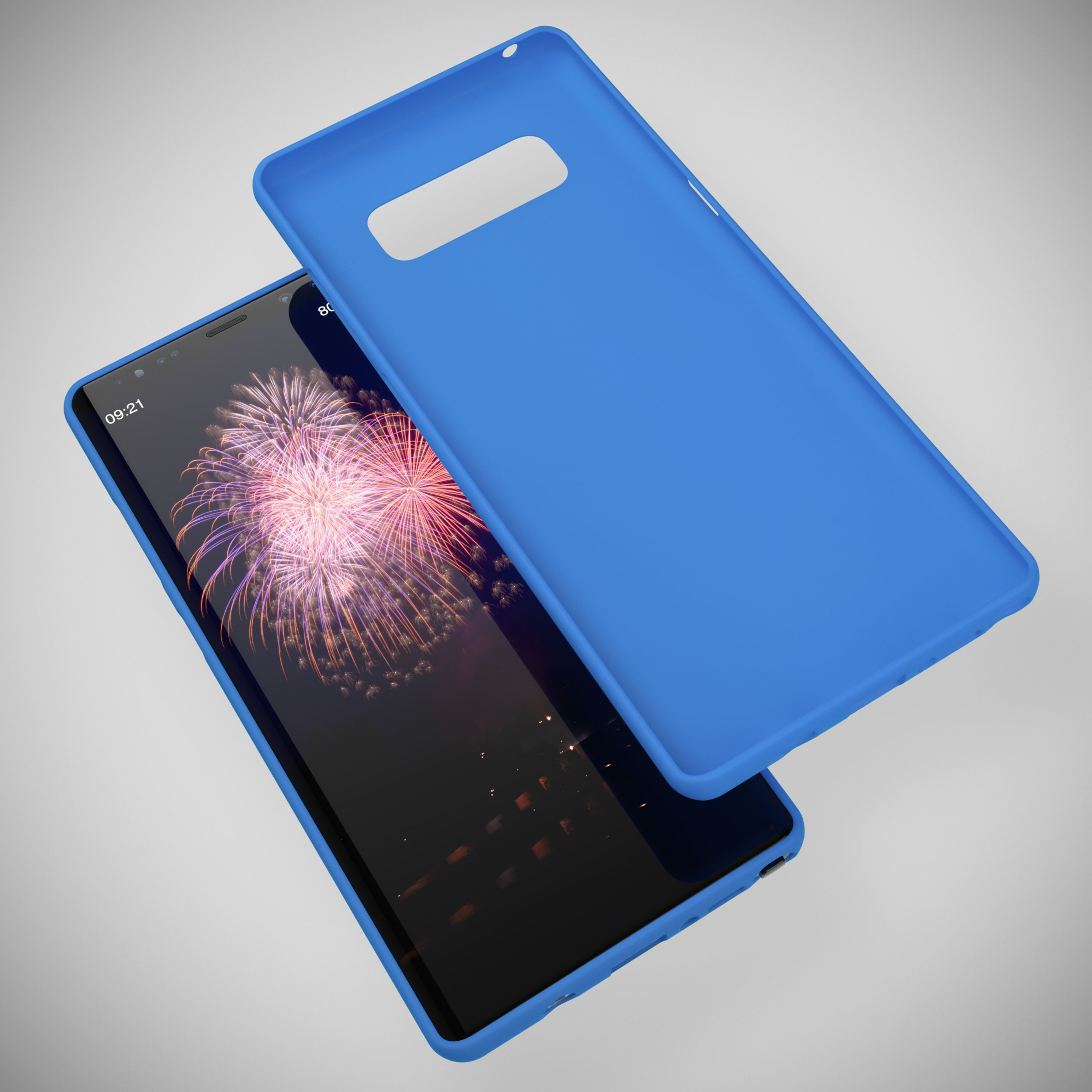Blaues Handycover über einem Smartphone mit Feuerwerk-Hintergrund.