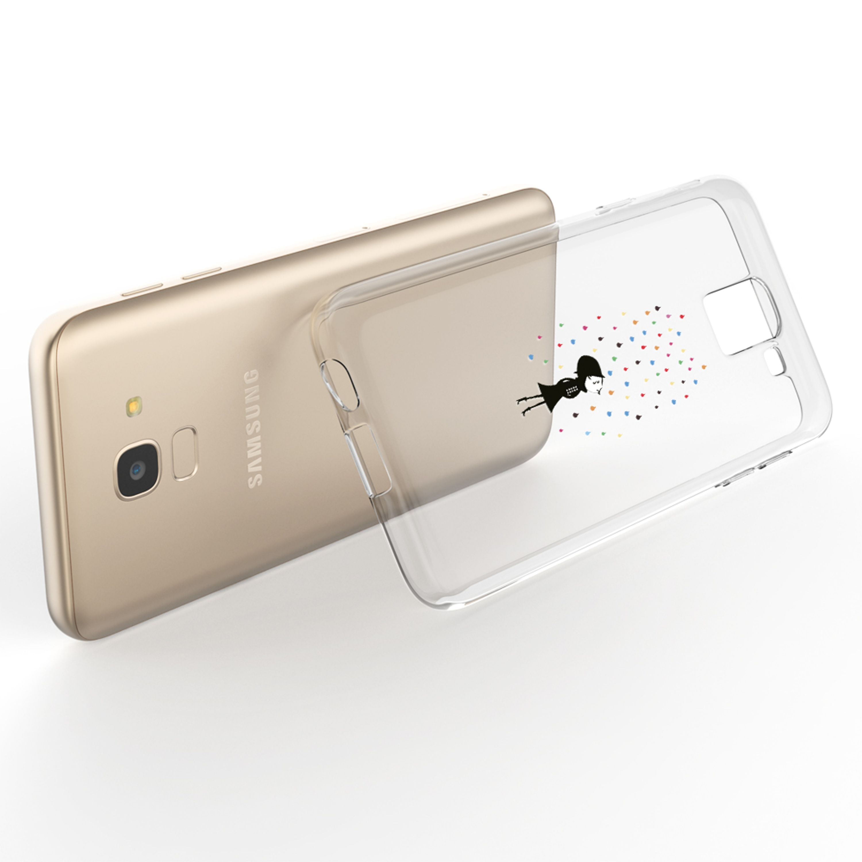 Ein goldenes Samsung-Smartphone mit einer durchsichtigen Hülle, die ein Cartoon-Mädchen zeigt.