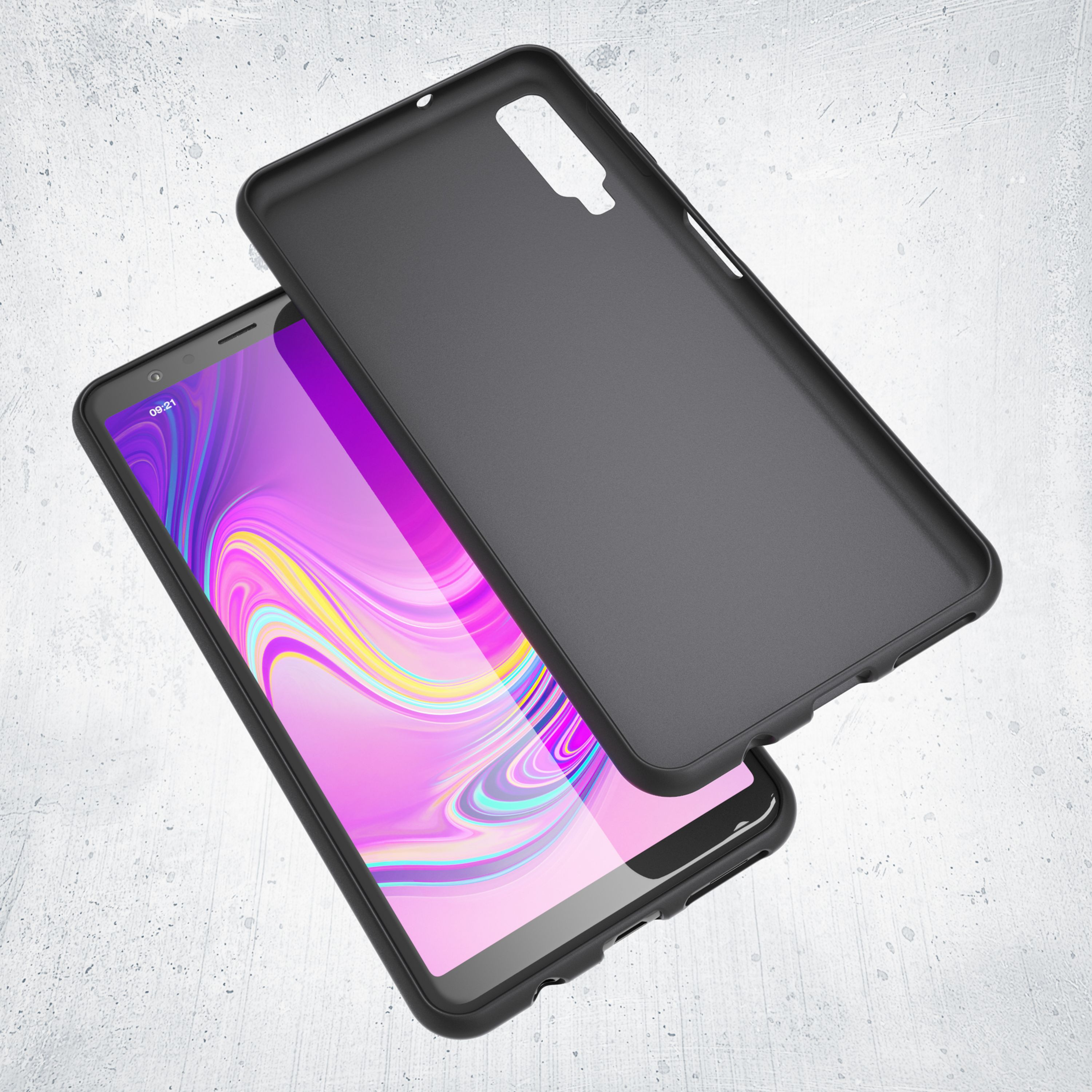 Schwarze Handyhülle liegt auf einem Smartphone mit lila Hintergrund.