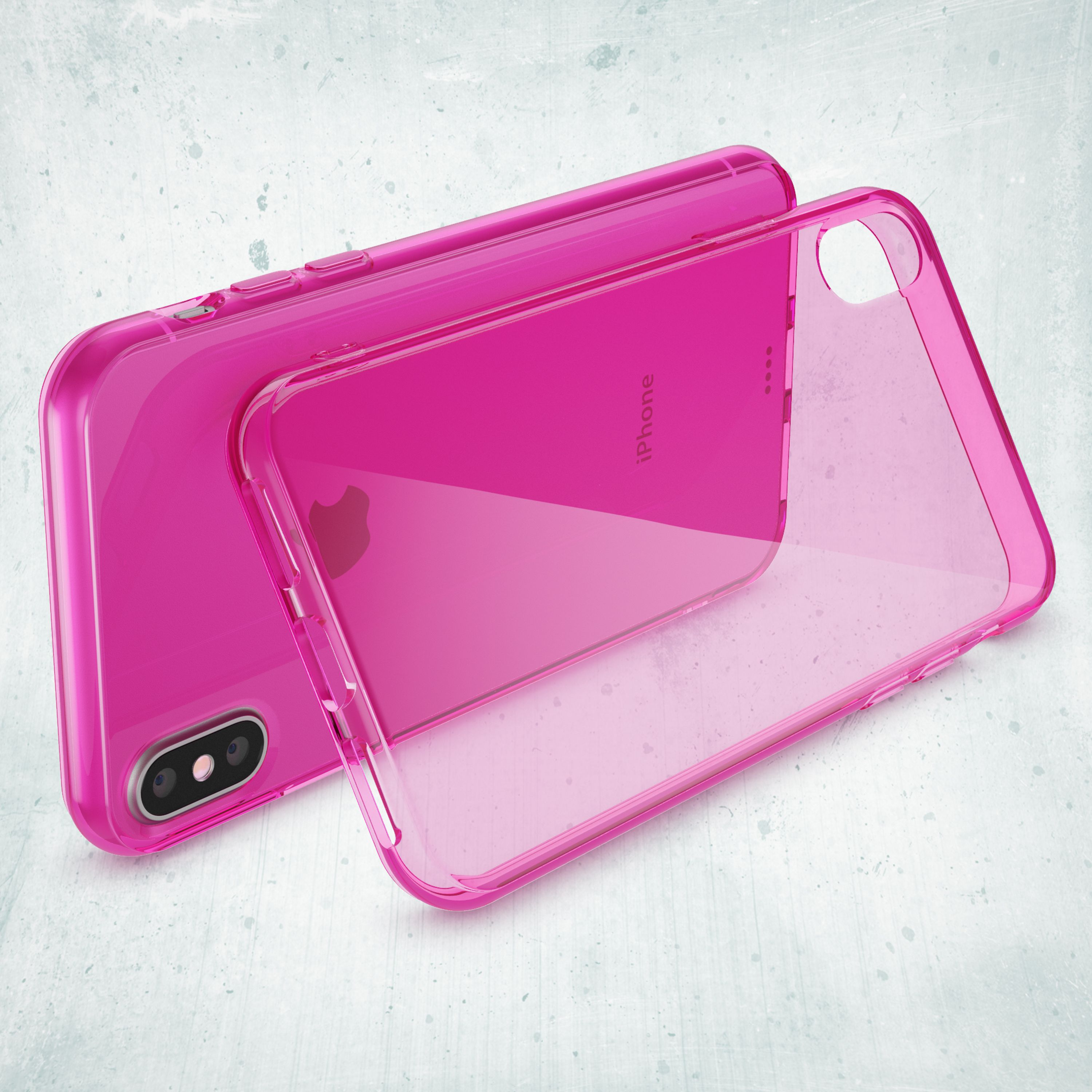 Ein pinker, transparenter Handyhülle liegt neben einem iPhone.