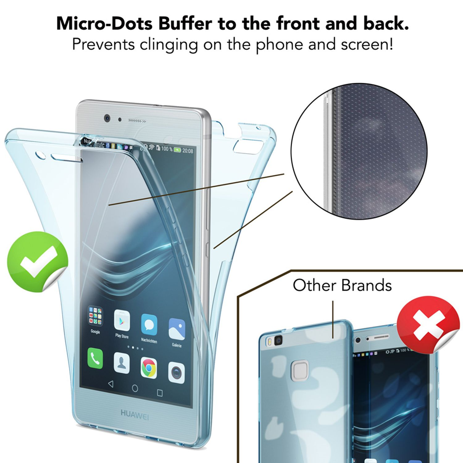 Ein durchsichtiger Handyhülle mit Mikro-Punkten auf einem Huawei-Telefon.