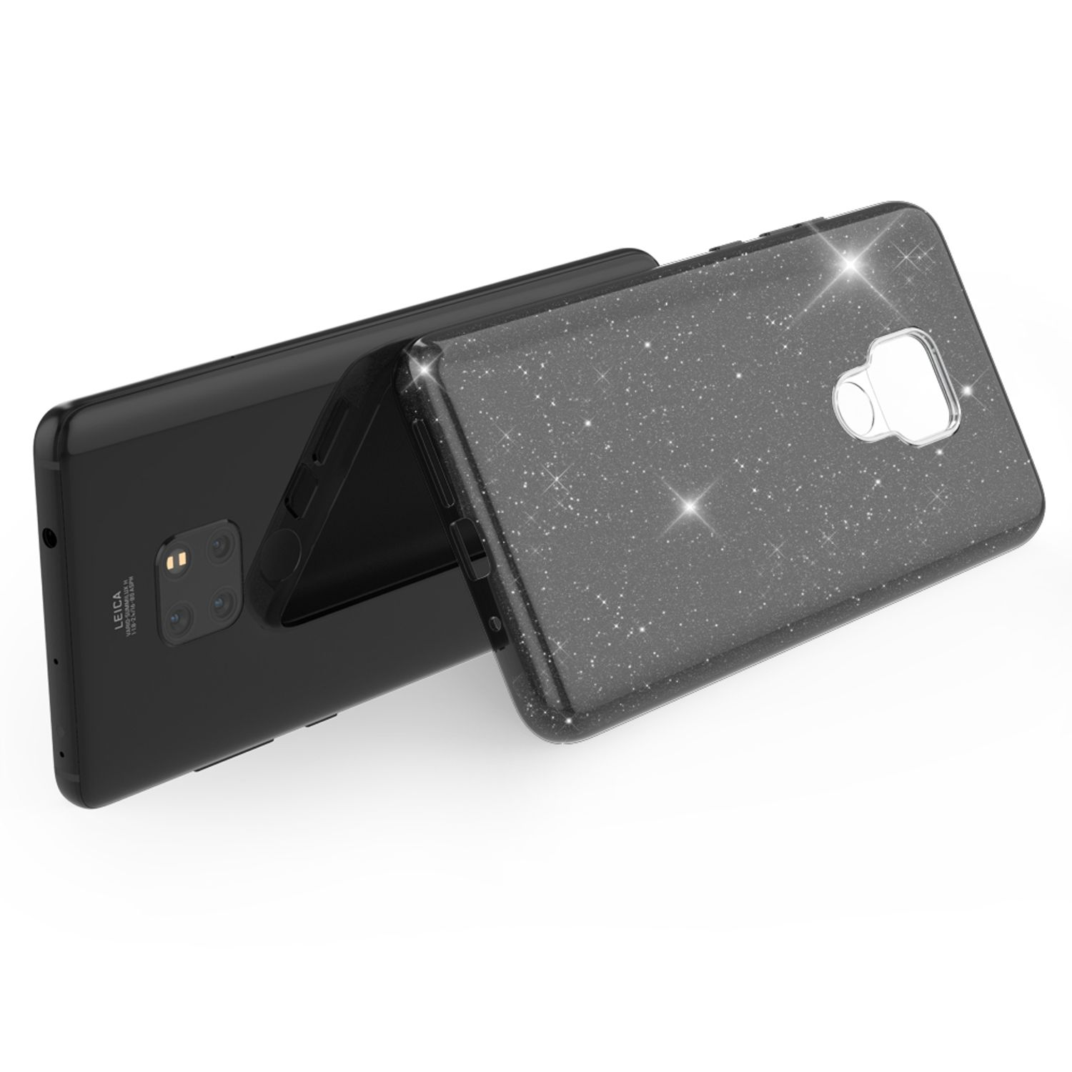 Ein schwarzes Smartphone mit einer glitzernden Hülle, die auf der Rückseite liegt.