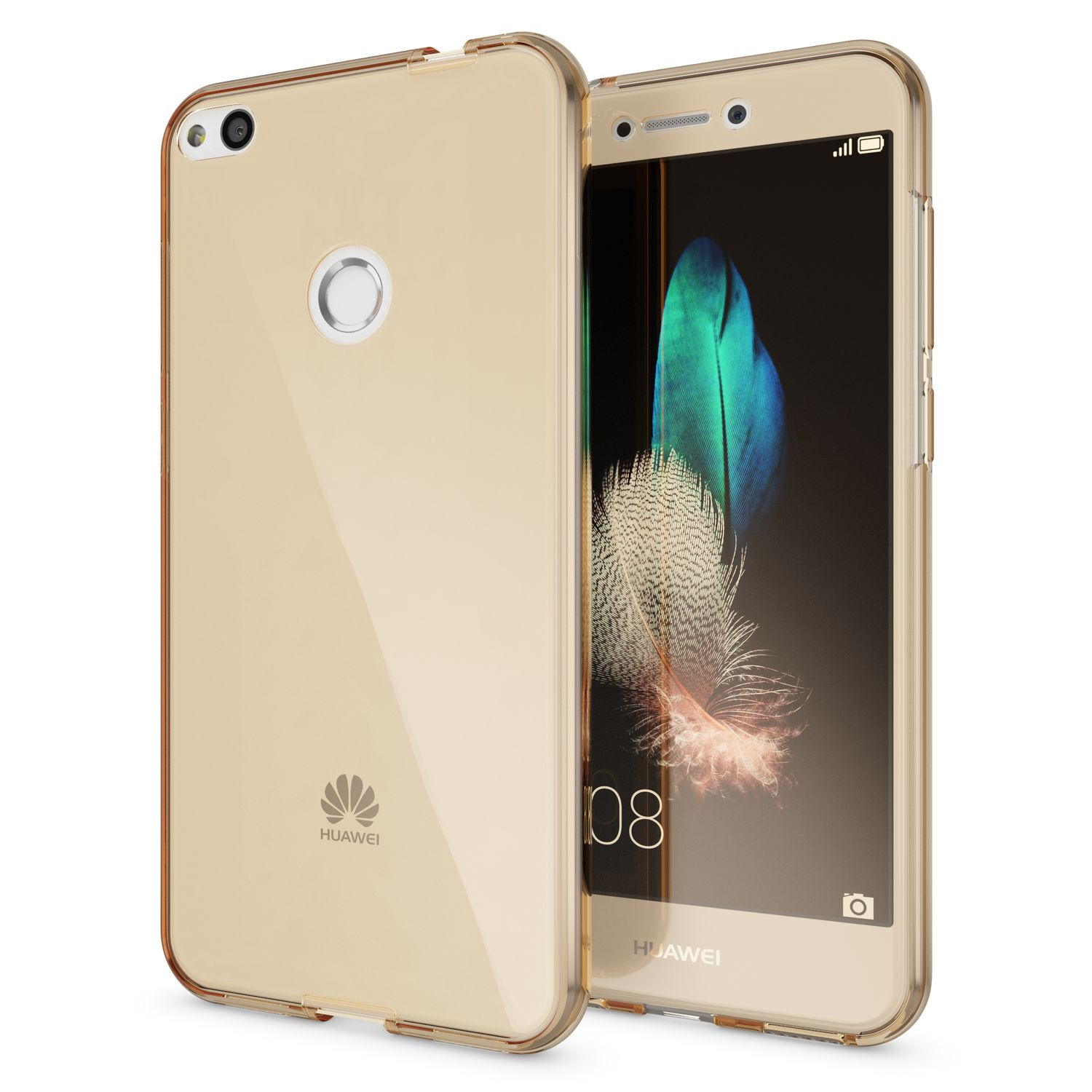 Telefono Huawei dorato in custodia trasparente, fronte e retro mostrati. Sfondo con piuma sullo schermo.