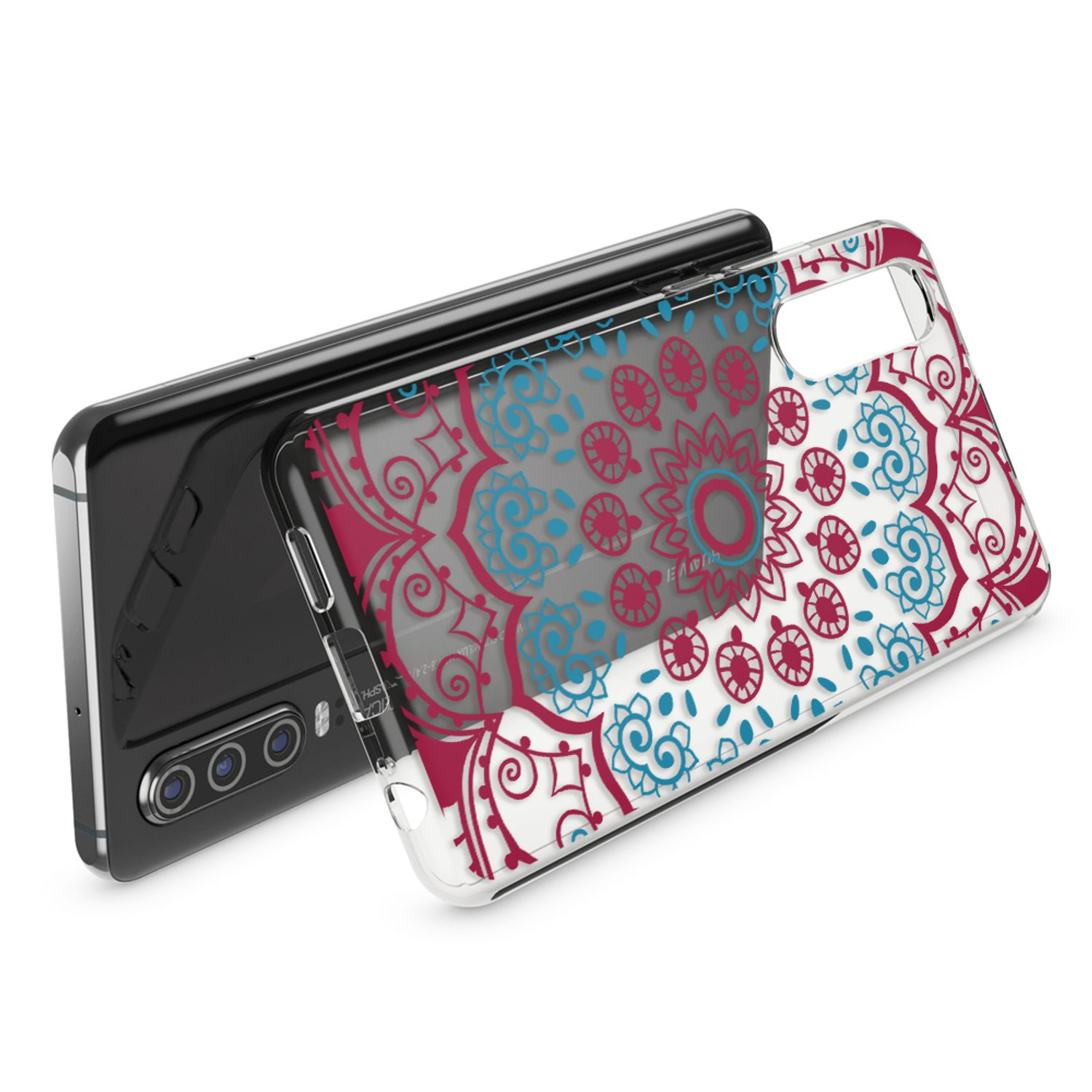 Ein Smartphone mit einer durchsichtigen Hülle mit einem Mandala-Muster in Rot und Blau.