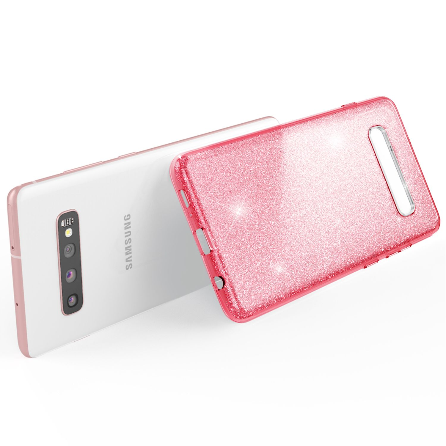 Un Samsung bianco con custodia rosa glitterata posato accanto.