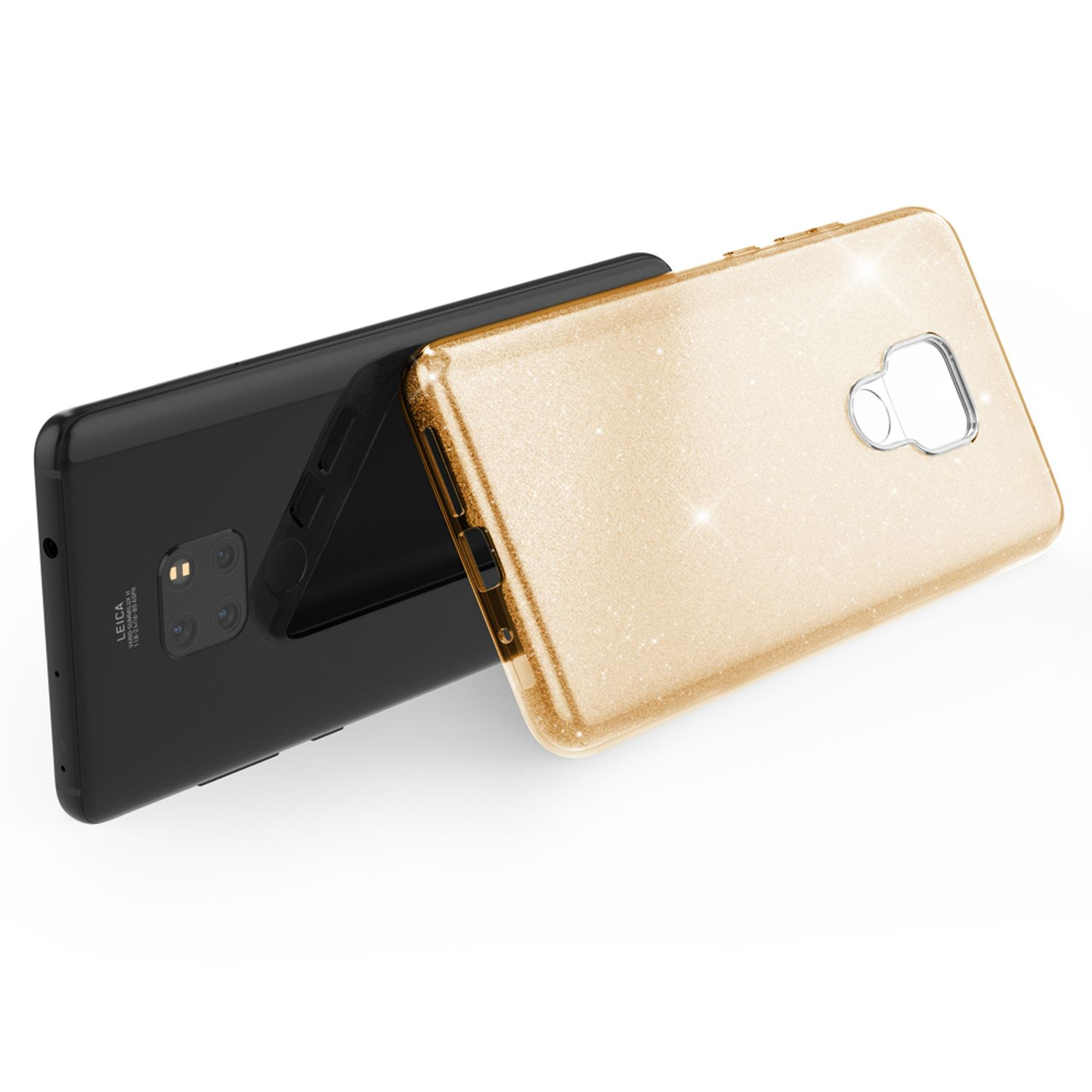 Ein schwarzes Handy mit Leica-Kamera liegt neben einer goldenen Handyhülle.