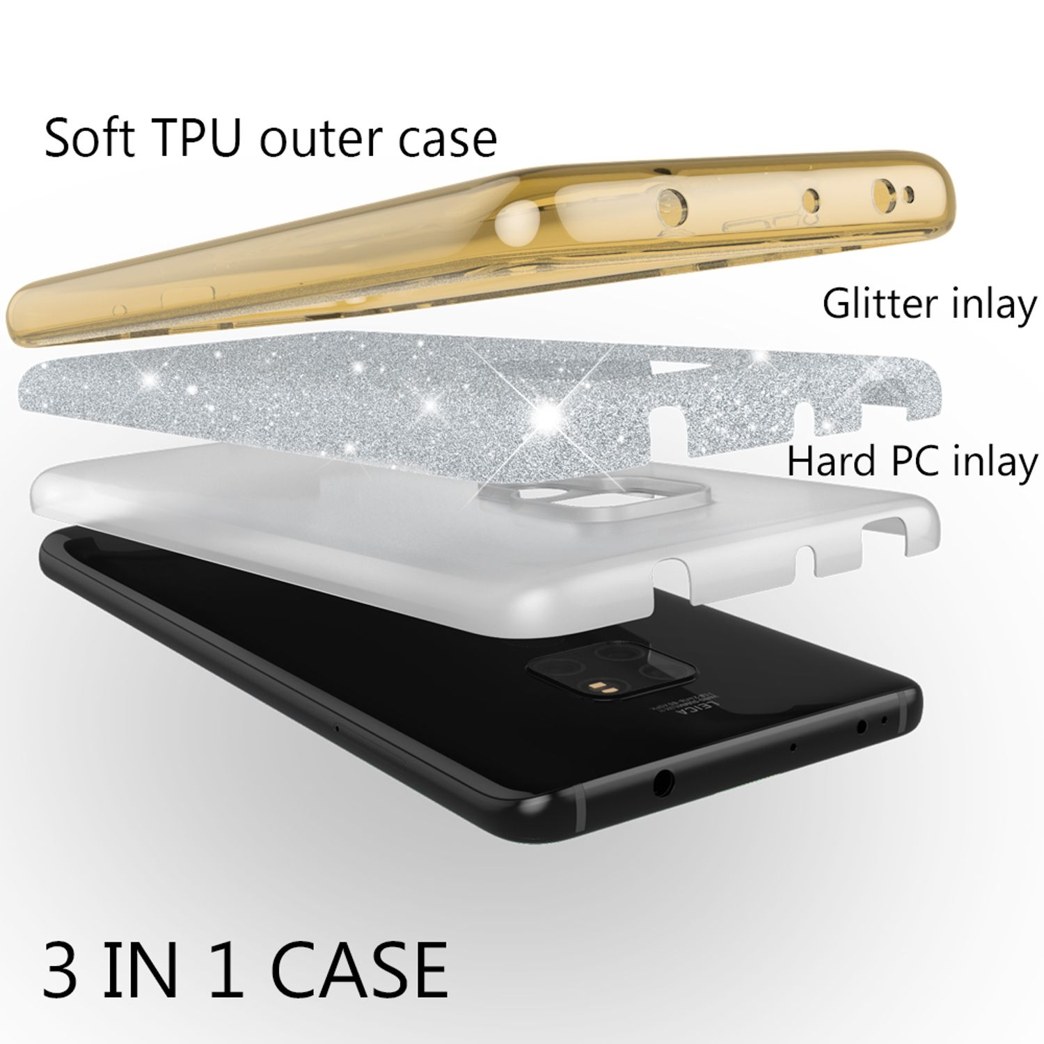 Explosionszeichnung einer 3-in-1-Handyhülle: goldener TPU-Außenrahmen, Glitzer-Inlay, Hart-PC-Inlay und schwarzes Handy.