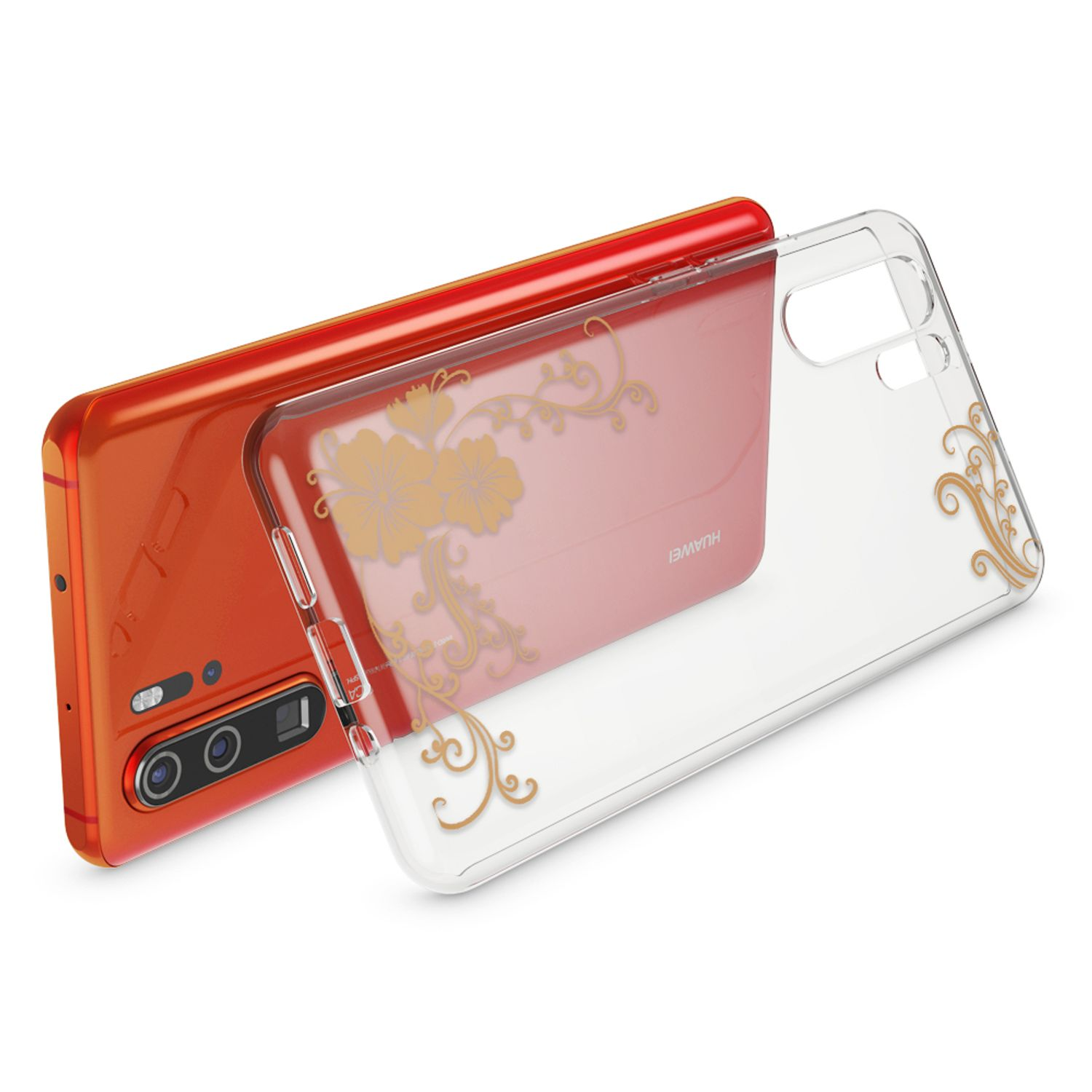 Ein orangefarbenes Smartphone mit einer durchsichtigen Hülle mit goldenen Blumenverzierungen.