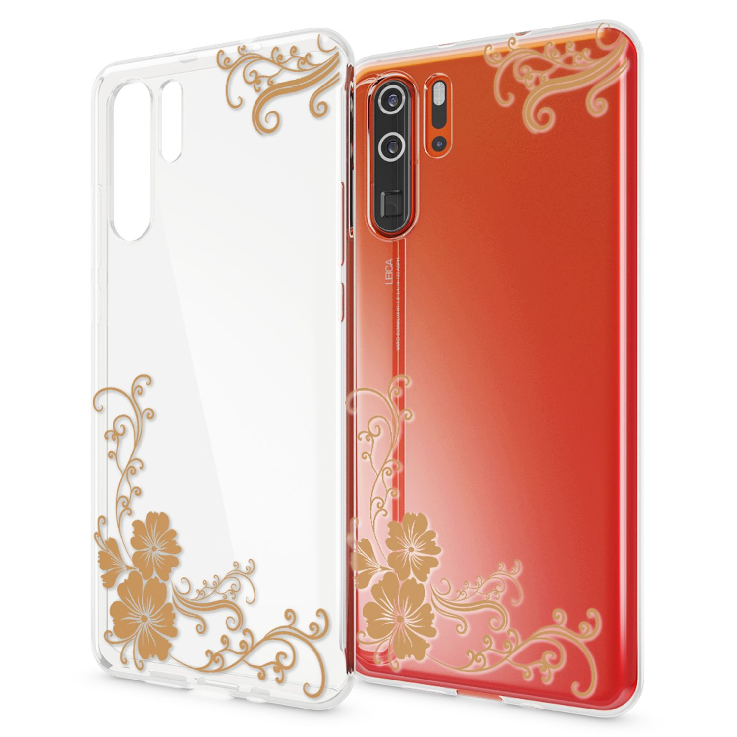 Transparente Schutzhülle mit goldenen Blumenmustern auf einem roten Handy.