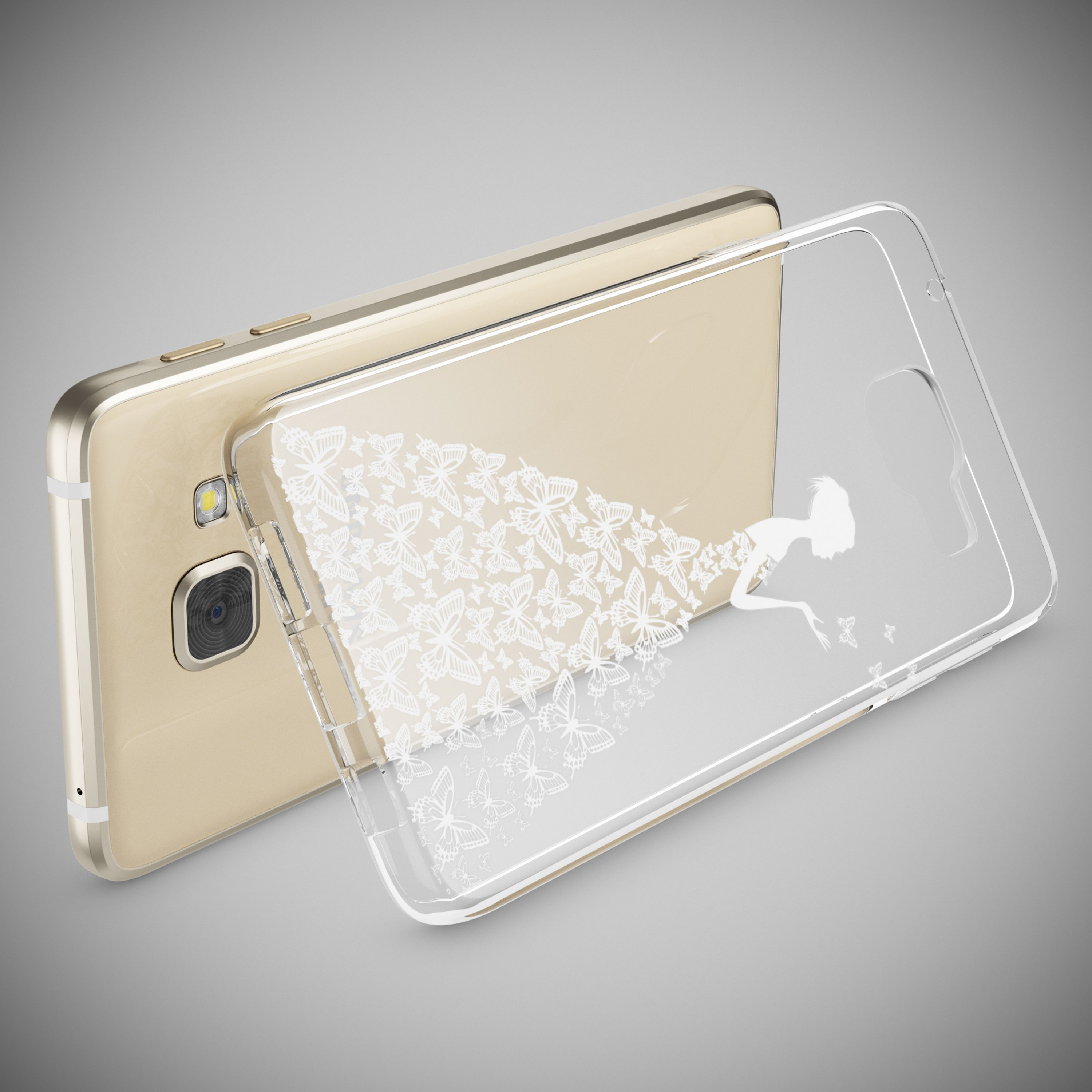 Ein goldener Handy-Rücken mit einer transparenten Hülle mit Schmetterlingsdesign.