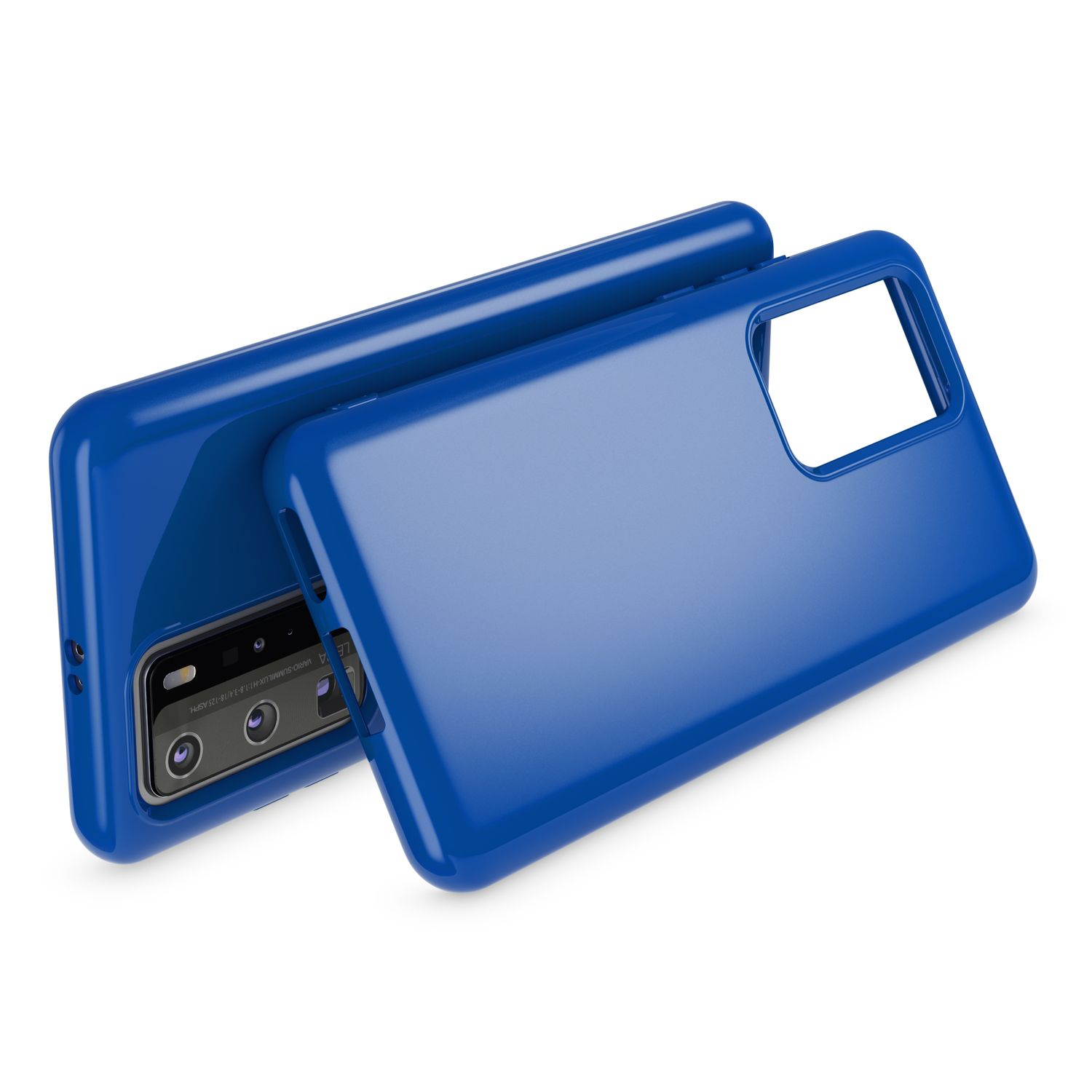 Due custodie blu per telefono sono una accanto all'altra. Una mostra l'obiettivo della fotocamera.