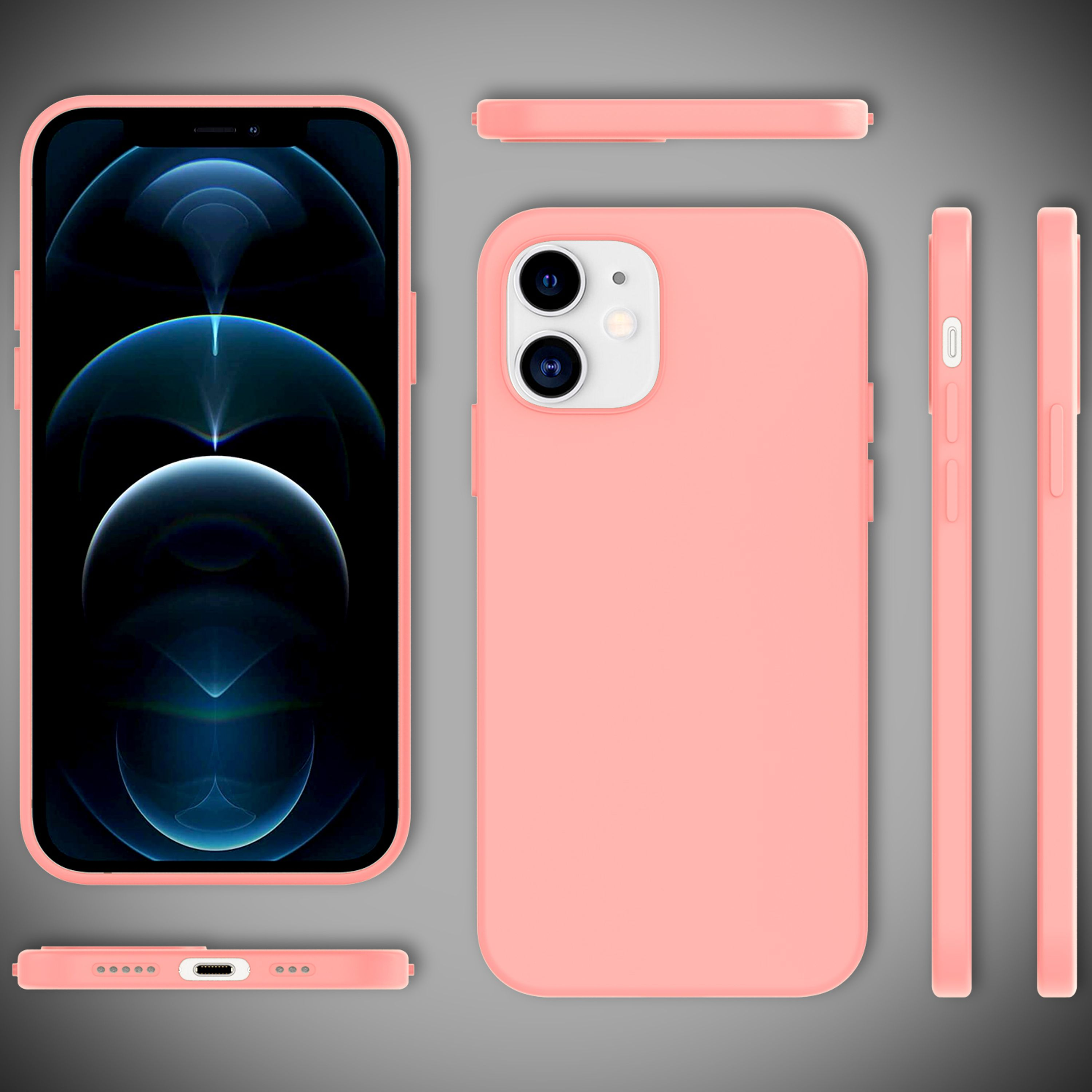 Ein rosa iPhone-Case wird aus verschiedenen Blickwinkeln gezeigt.