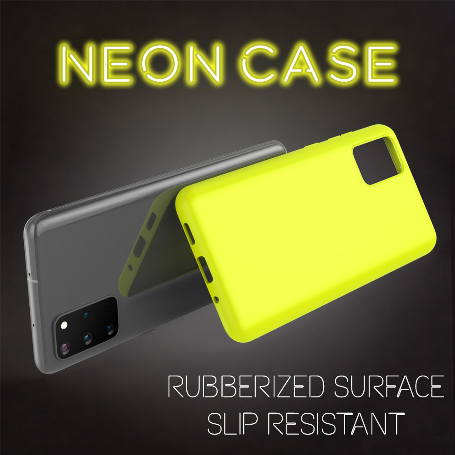 Cover per telefono giallo neon e trasparenti su sfondo scuro.
