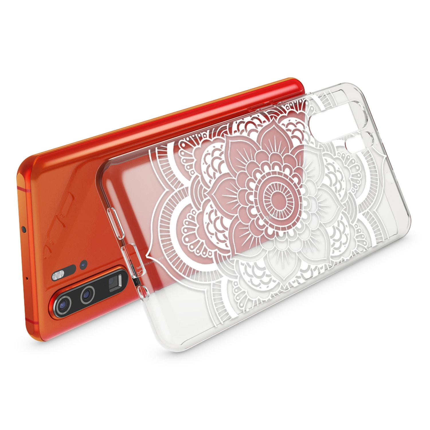 Smartphone arancione con cover trasparente a motivo mandala.