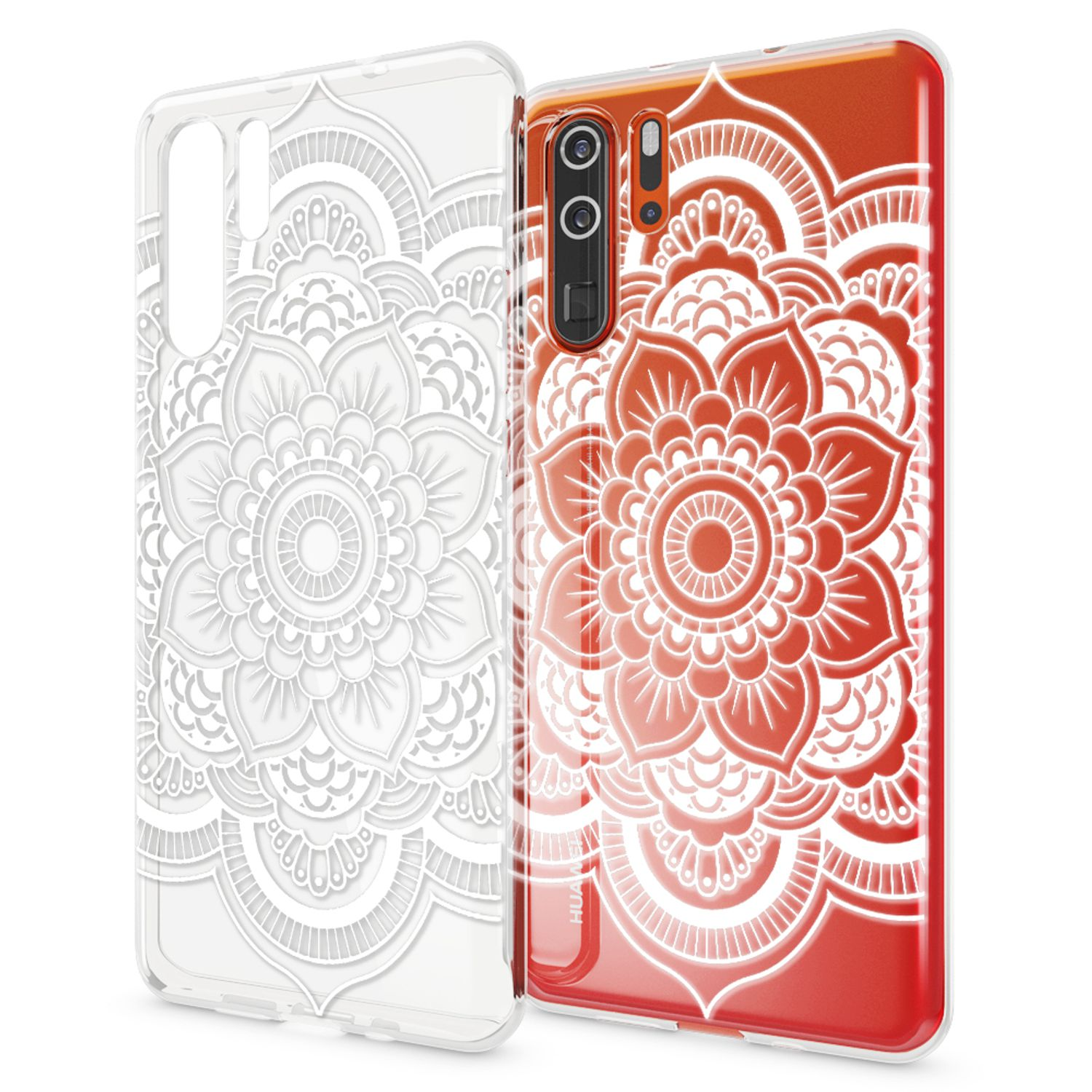 Due custodie per telefono con motivo mandala: una trasparente, una rossa.