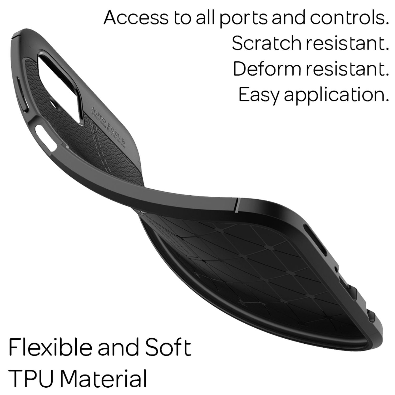 Schwarze flexible TPU-Handyhülle mit texturierter Innenseite. Portzugang.