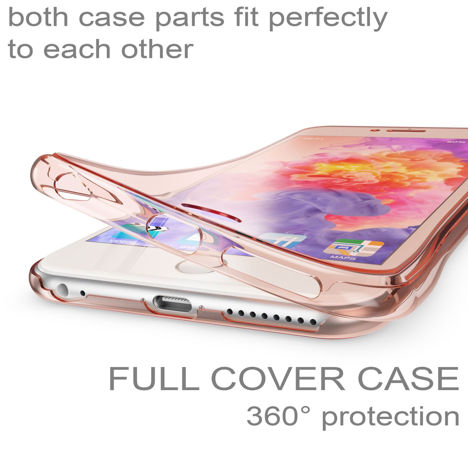 Eine roségoldene Handyhülle wird gezeigt, die auf ein Handy passt. Text 'FULL COVER CASE'.