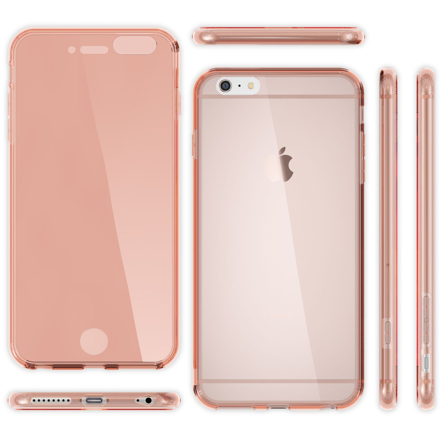 Ein roségoldenes iPhone mit durchsichtiger Hülle wird aus verschiedenen Winkeln gezeigt.