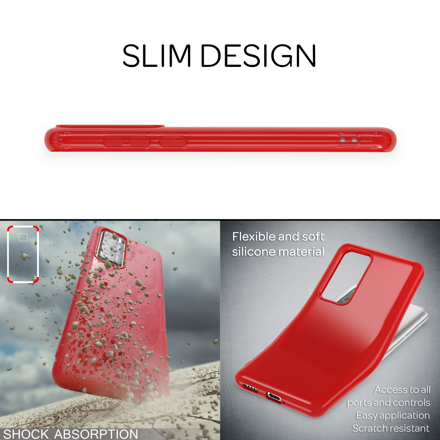 Rote Handyhülle zeigt schlankes Design, Stoßabsorption und flexible Silikonmaterialien.
