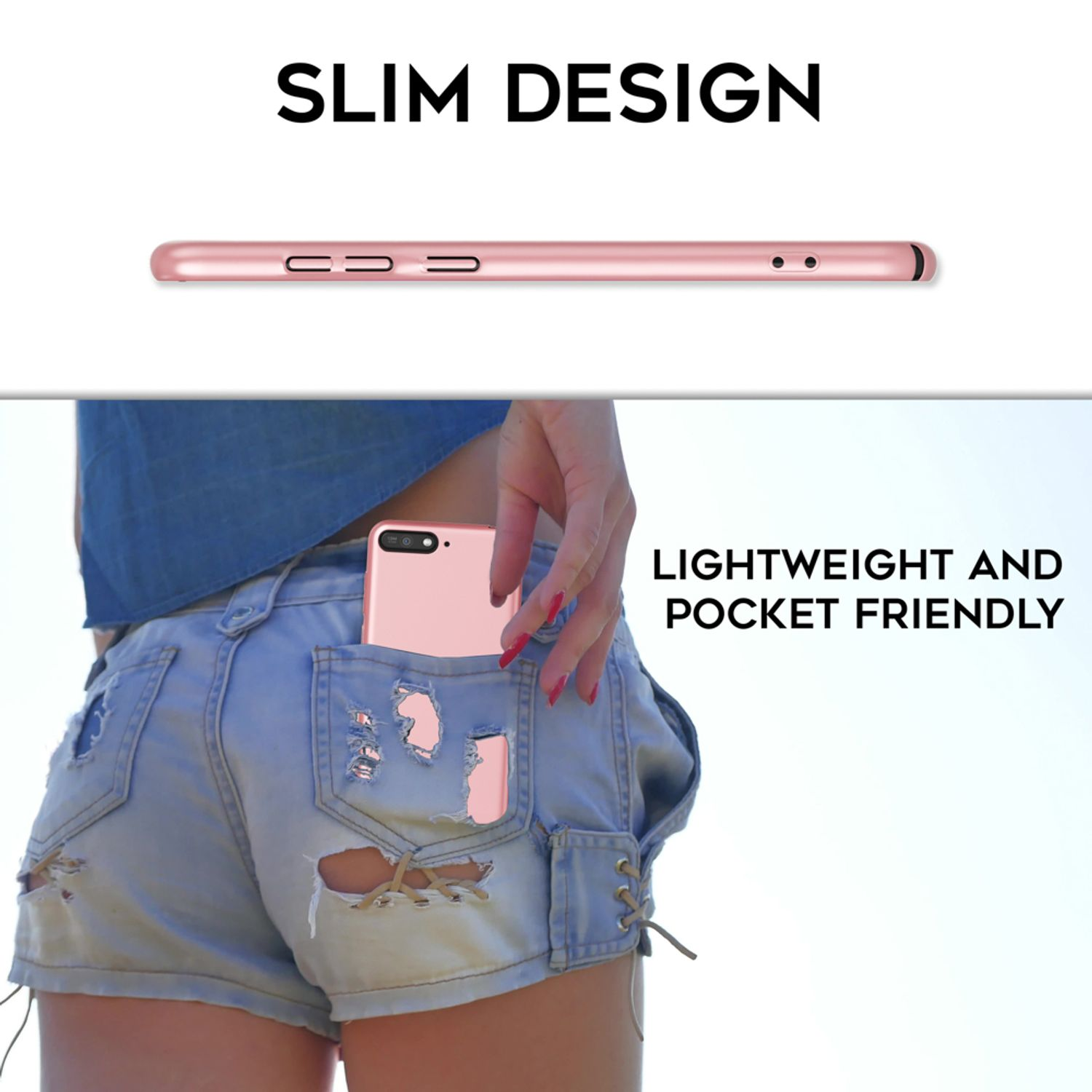 Ein rosafarbenes Smartphone wird in eine zerrissene Jeanstasche gesteckt.