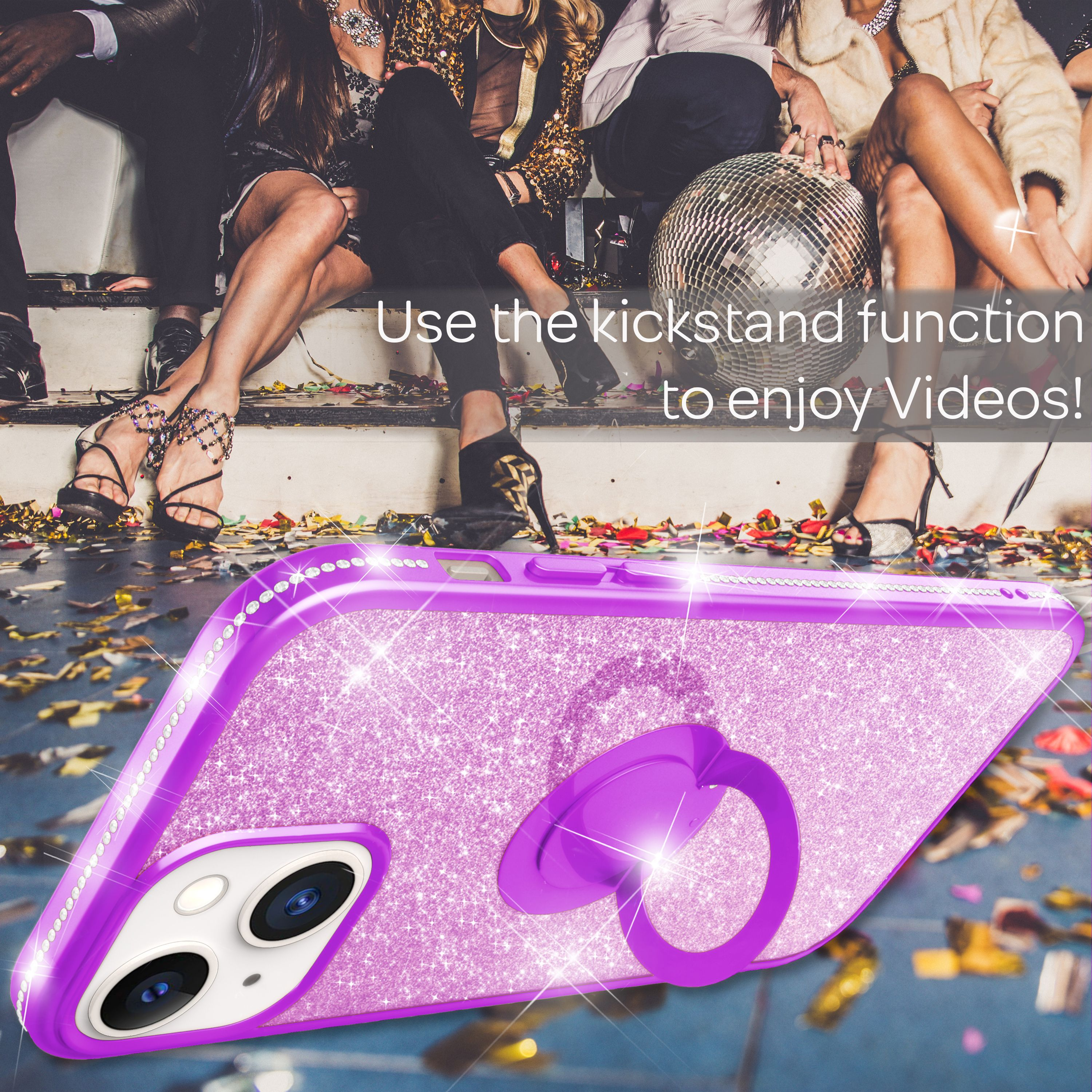 Lila Glitzerhülle mit Ringhalter für ein Smartphone. Im Hintergrund eine Party mit Discokugeln.