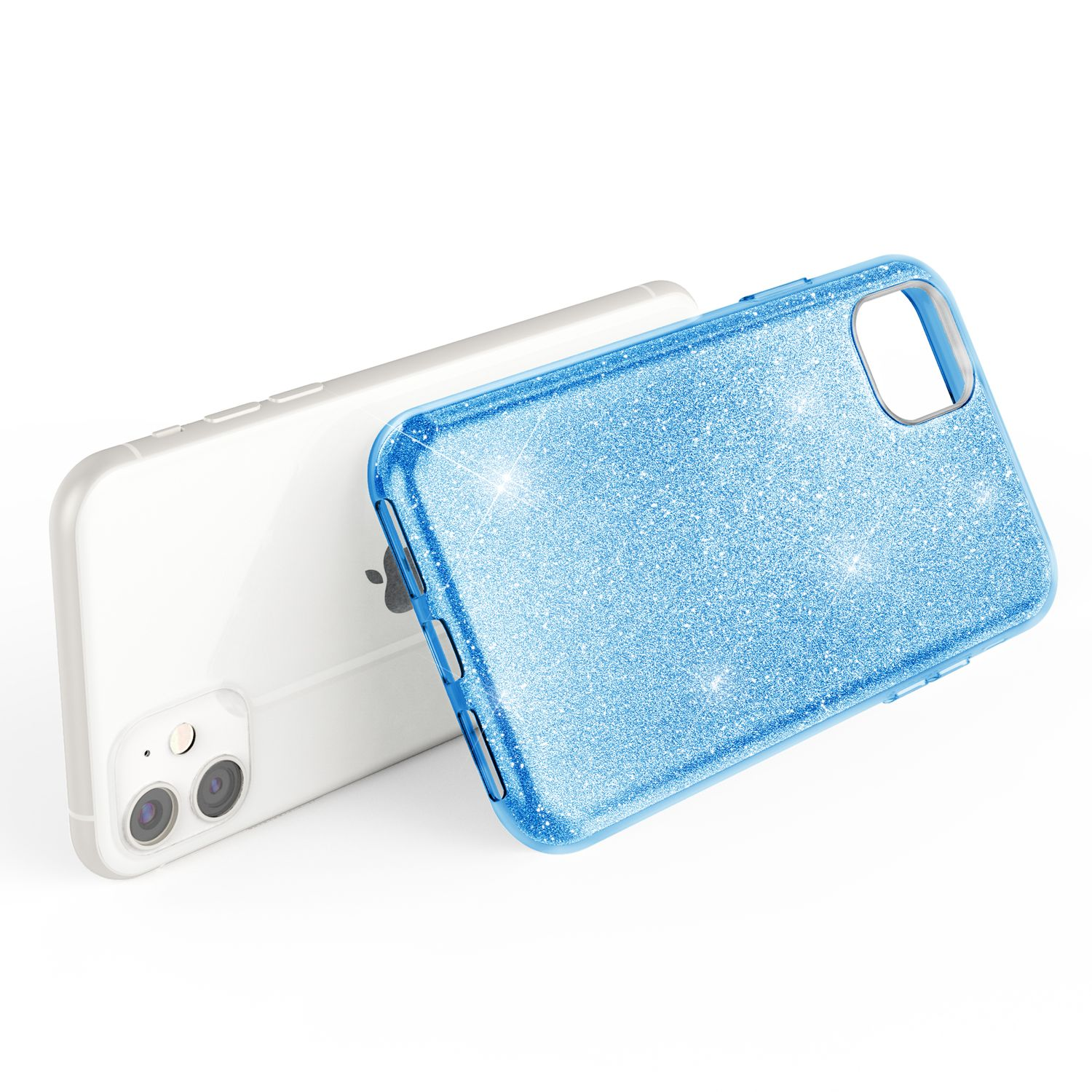 Eine hellblaue Glitzer-Handyhülle liegt auf einem weißen iPhone.