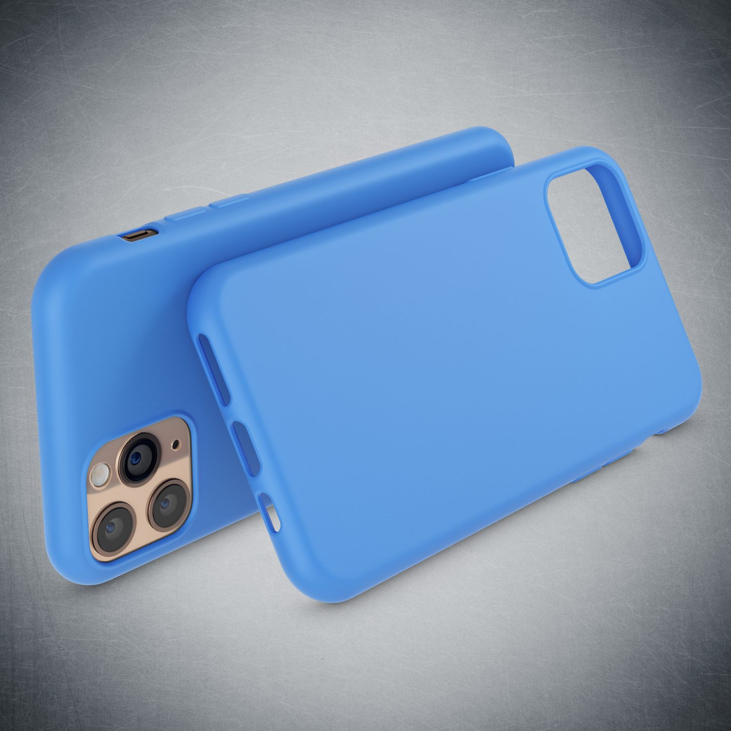 Zwei blaue Handyhüllen liegen nebeneinander auf einem metallischen Hintergrund.