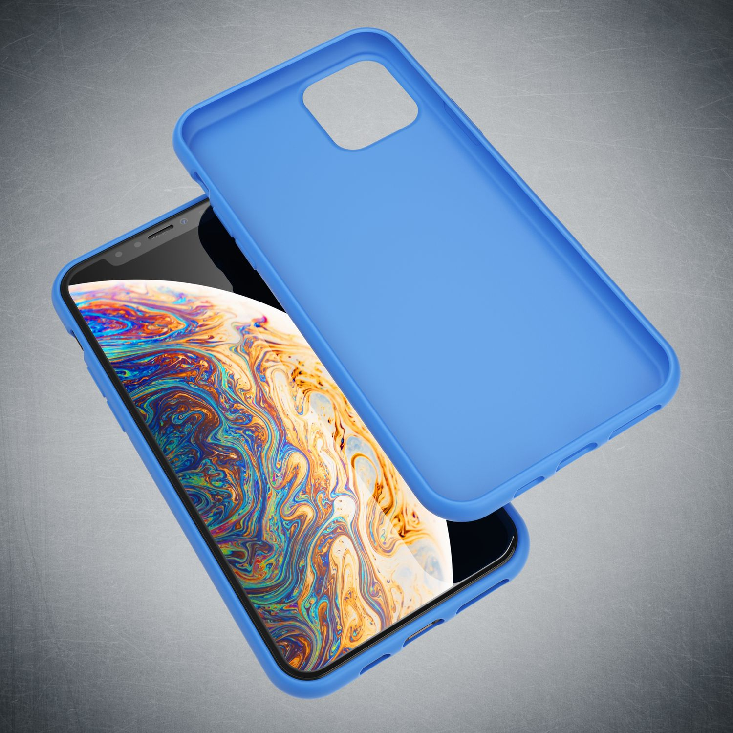 Eine blaue Handyhülle schwebt über einem Smartphone mit farbenfroher, abstrakter Tapete.