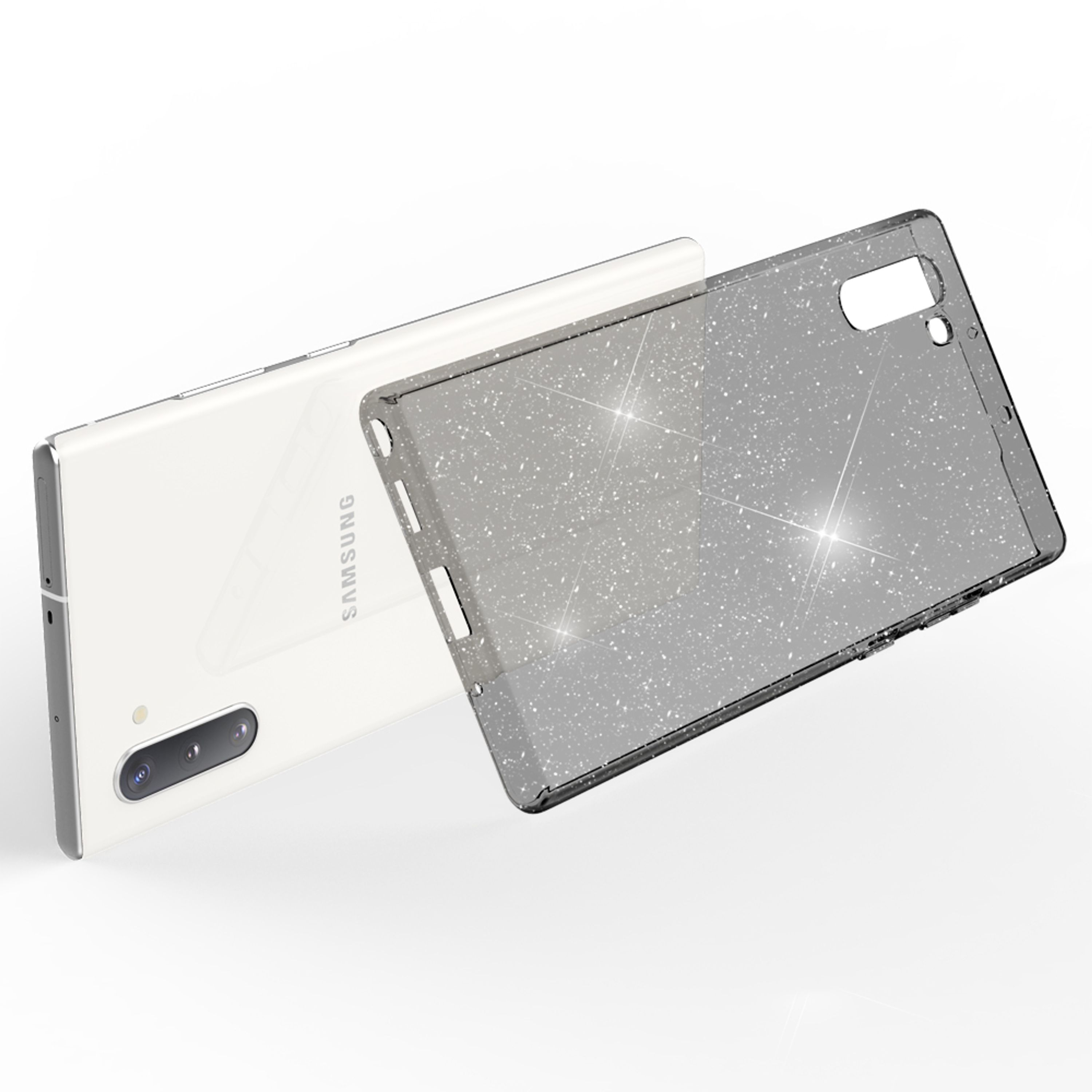 Un telefono Samsung bianco accanto a una cover trasparente glitterata.
