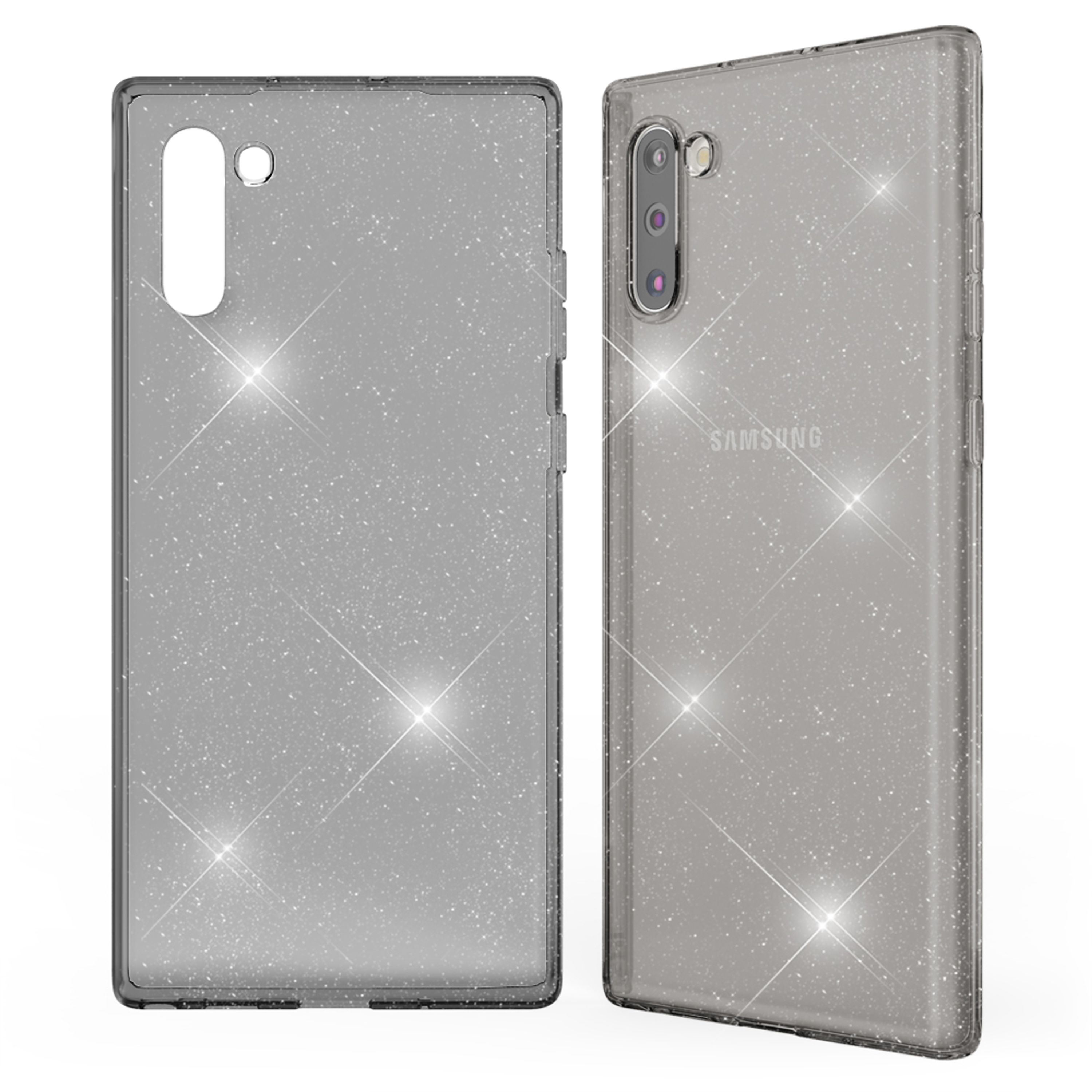 Due custodie trasparenti glitterate, una mostra il retro con fotocamere e logo Samsung.