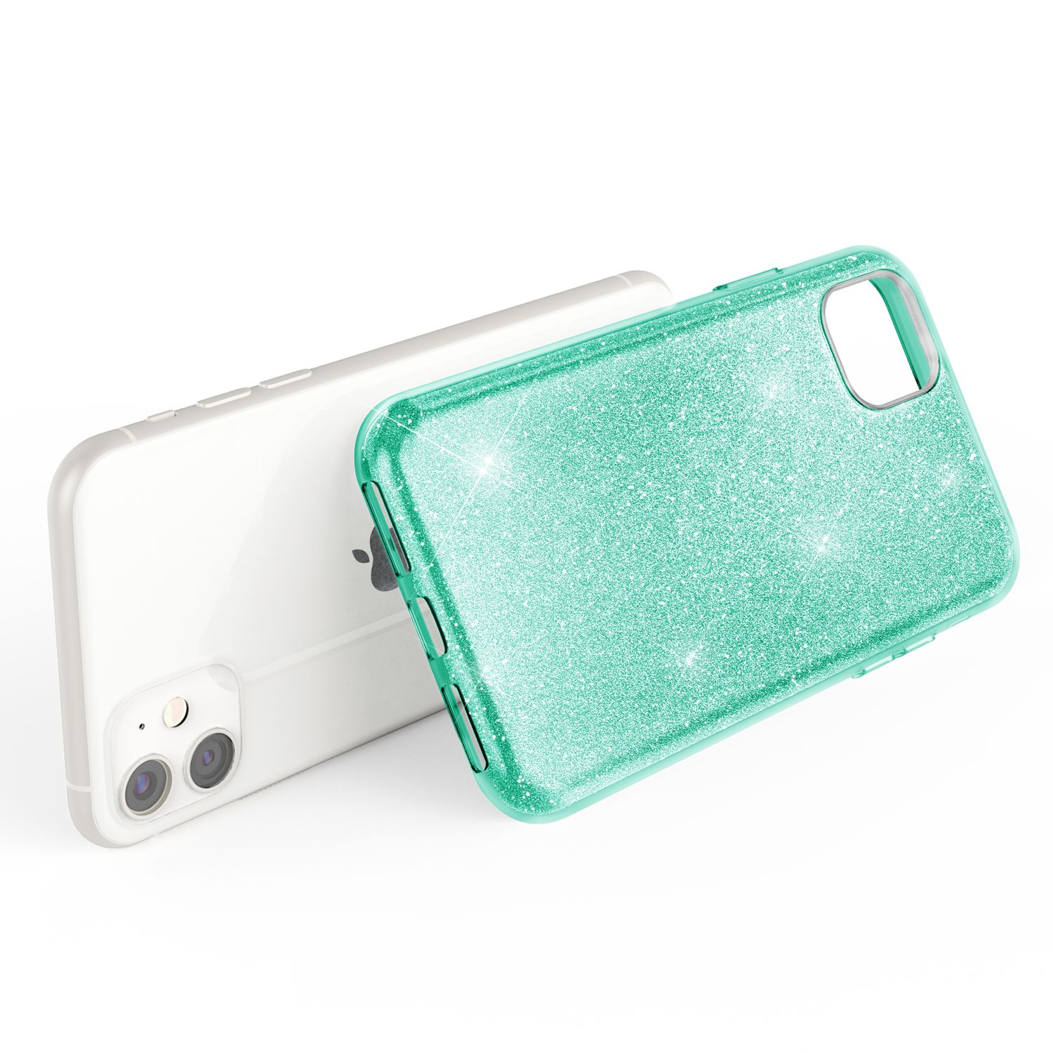 Una custodia turchese glitterata giace accanto a uno smartphone bianco.