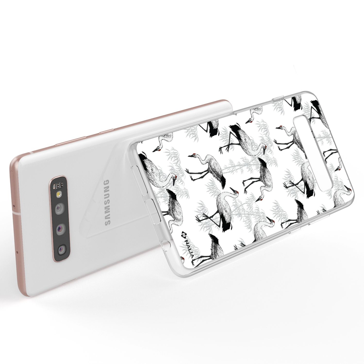 Ein weißes Samsung Handy mit einer transparenten Hülle mit Kranichmuster.