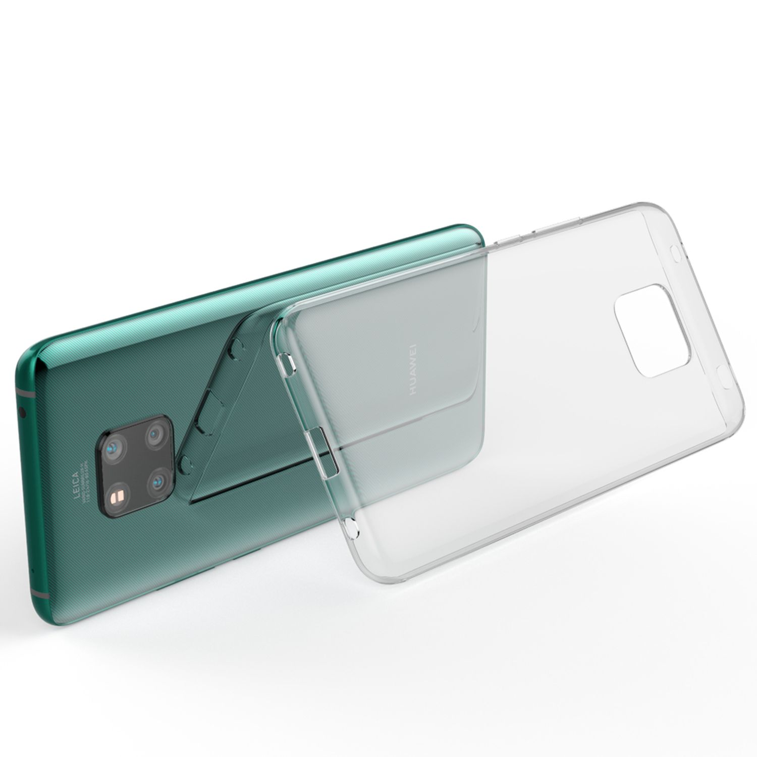 Un telefono Huawei verde con una cover trasparente. La cover copre parzialmente il telefono.