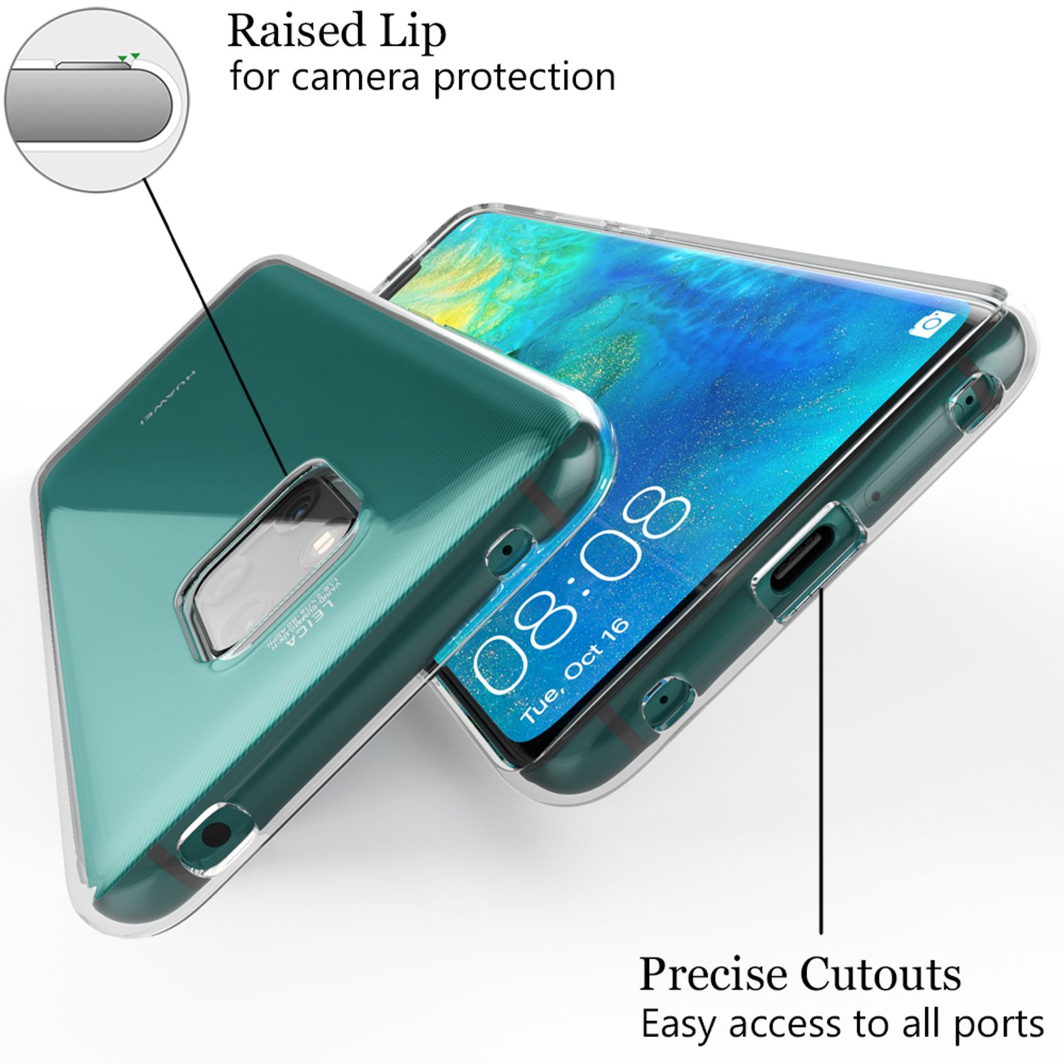 Custodia trasparente protegge telefono Huawei con fotocamera Leica e ritagli precisi.