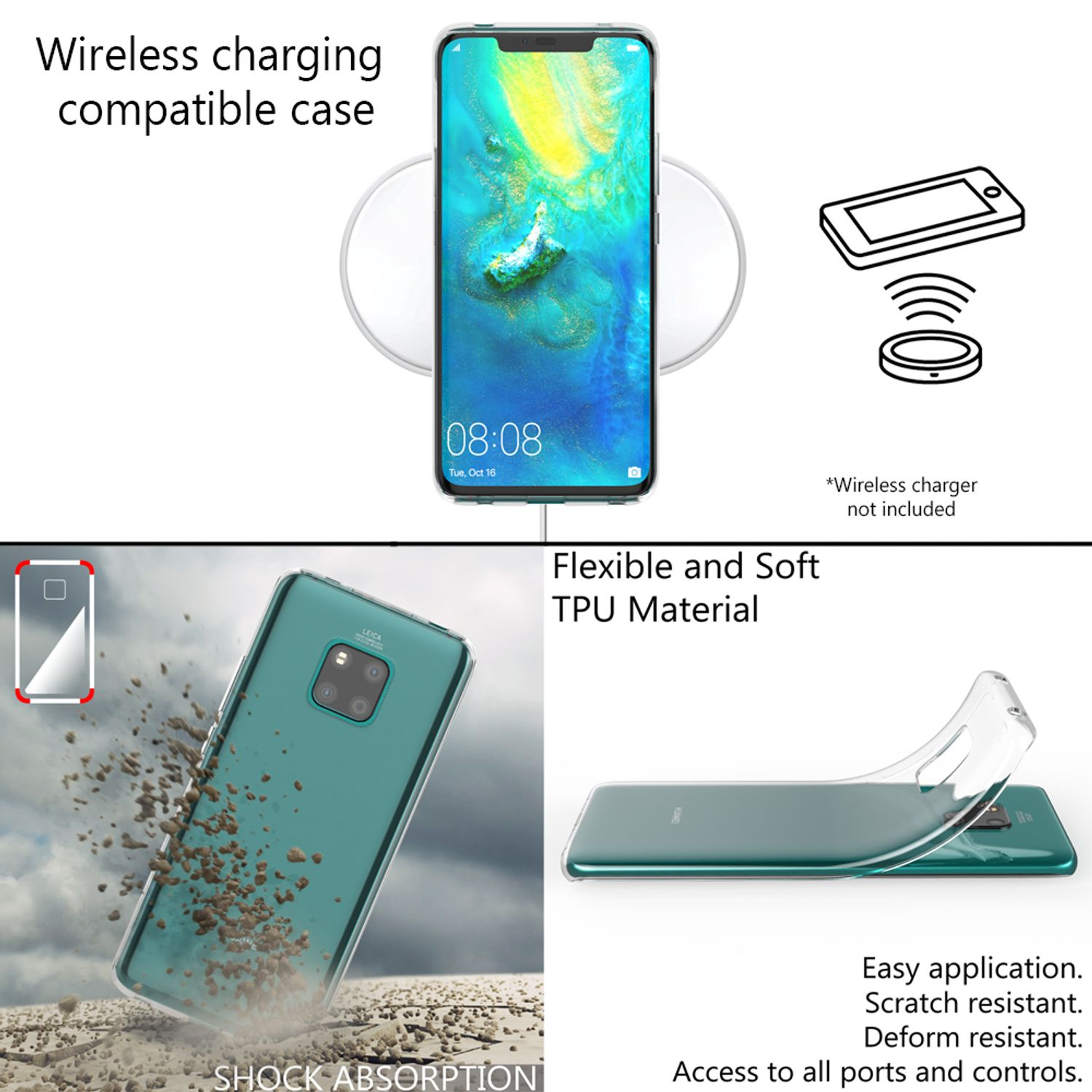 Uno smartphone con custodia sul caricatore, assorbimento urti e TPU flessibile.