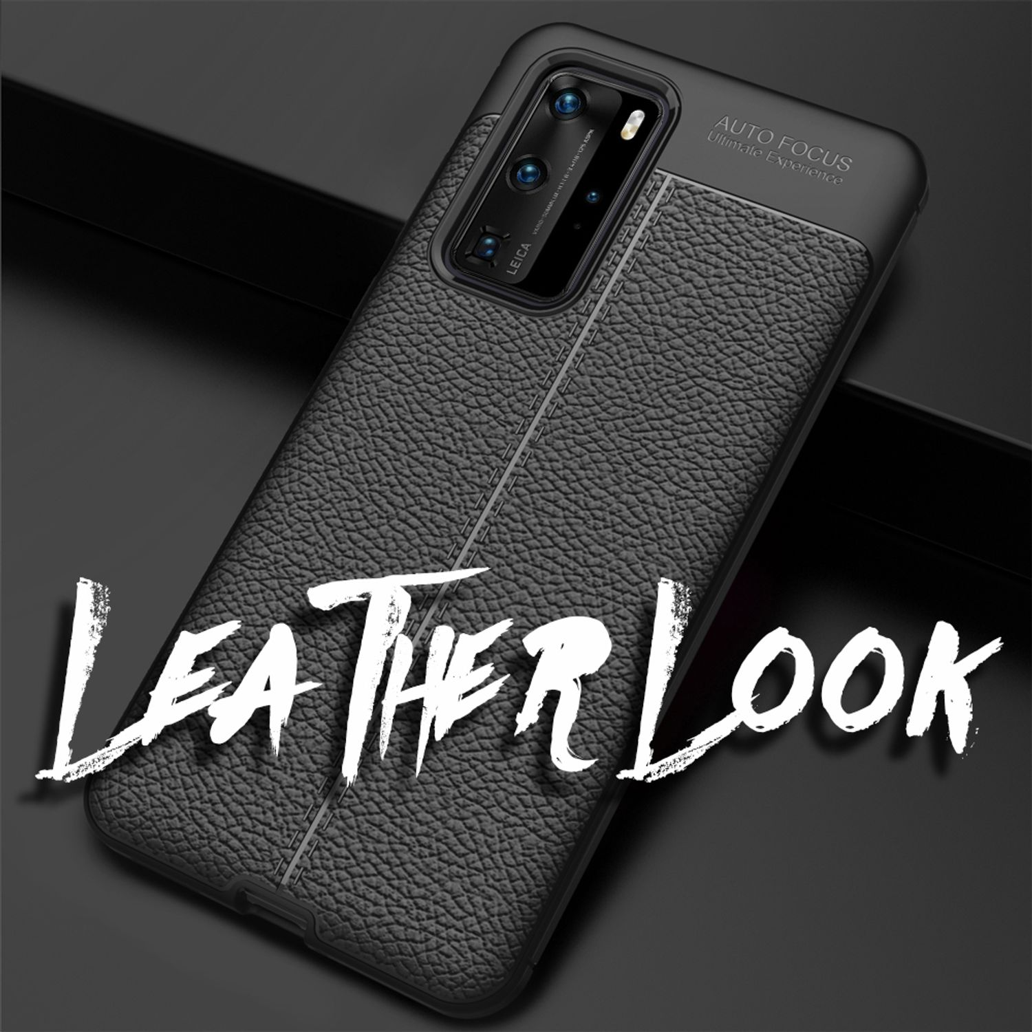 Schwarze Handyhülle mit Lederstruktur und "LEATHER LOOK" Schriftzug.