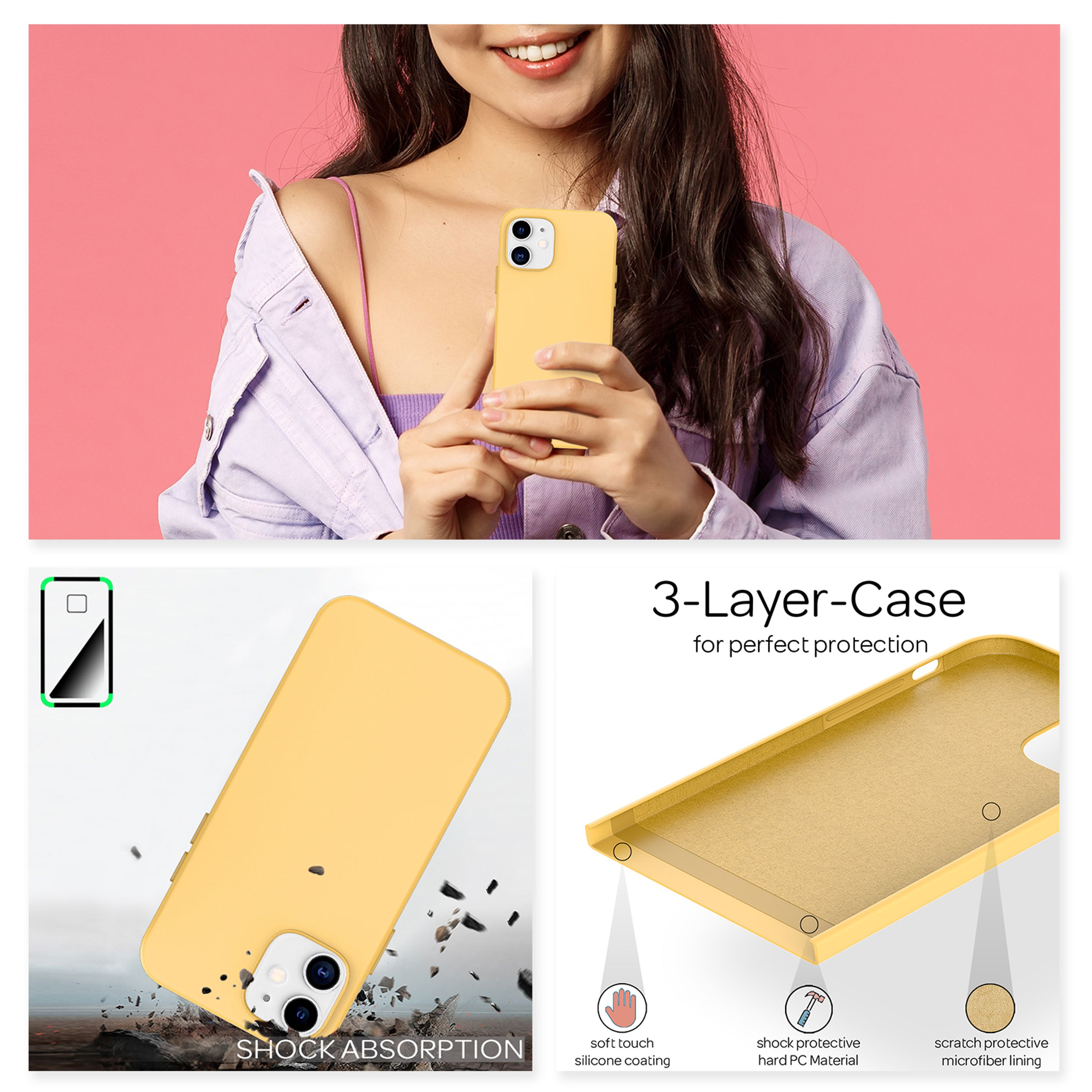 Ein gelbes Handy mit Hülle vor einem rosa Hintergrund. Details zu Schutzfunktionen.
